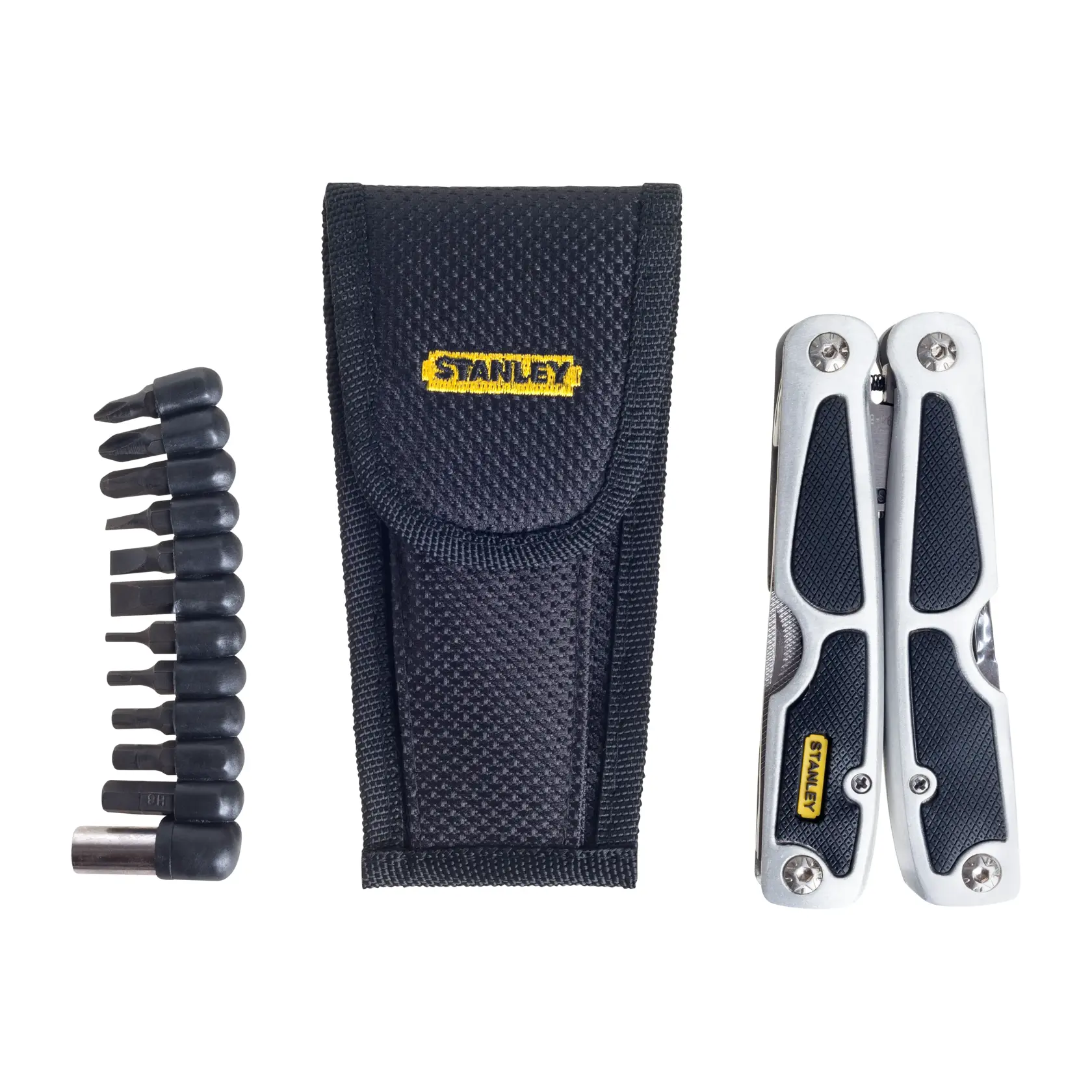 STANLEY 94-806 set multitool con funda de nylon negra y puntas de destornillador, vista superior.
