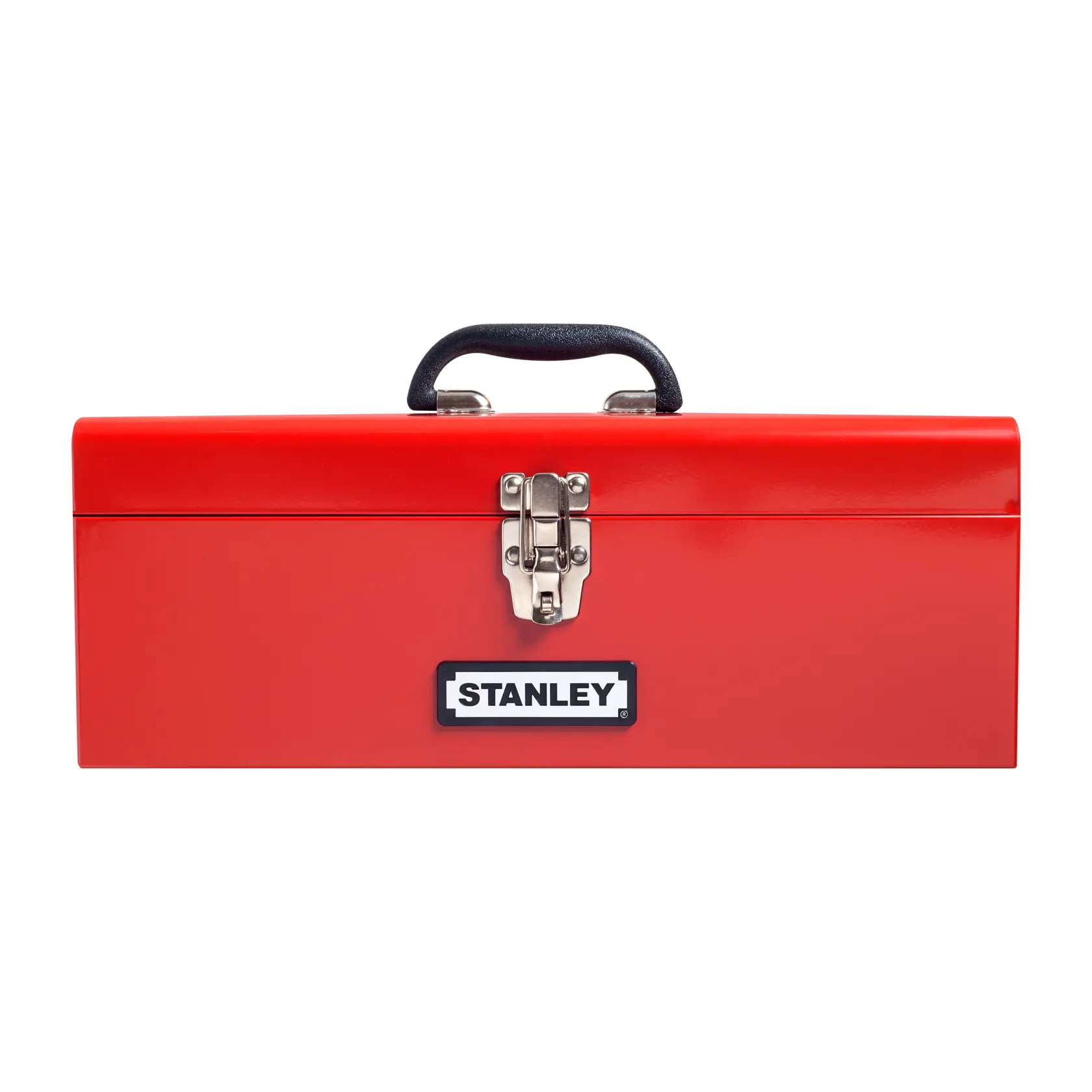 STANLEY 96219L caja de herramientas roja metálica con asa negra y cierre frontal, fotografía, ángulo frontal.