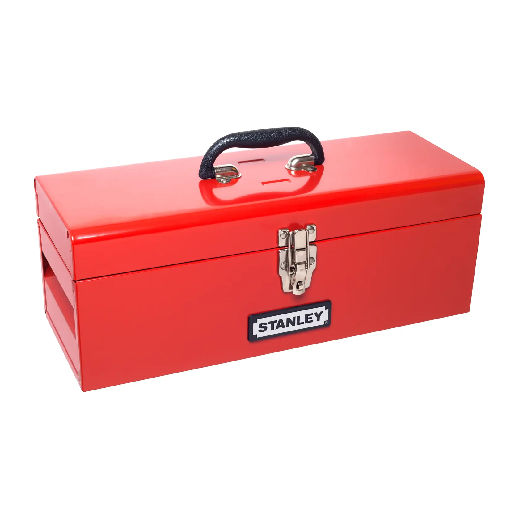 STANLEY 96219L caja de herramientas roja metálica, ángulo frontal, mango negro y cierre, fotografía sobre fondo blanco.