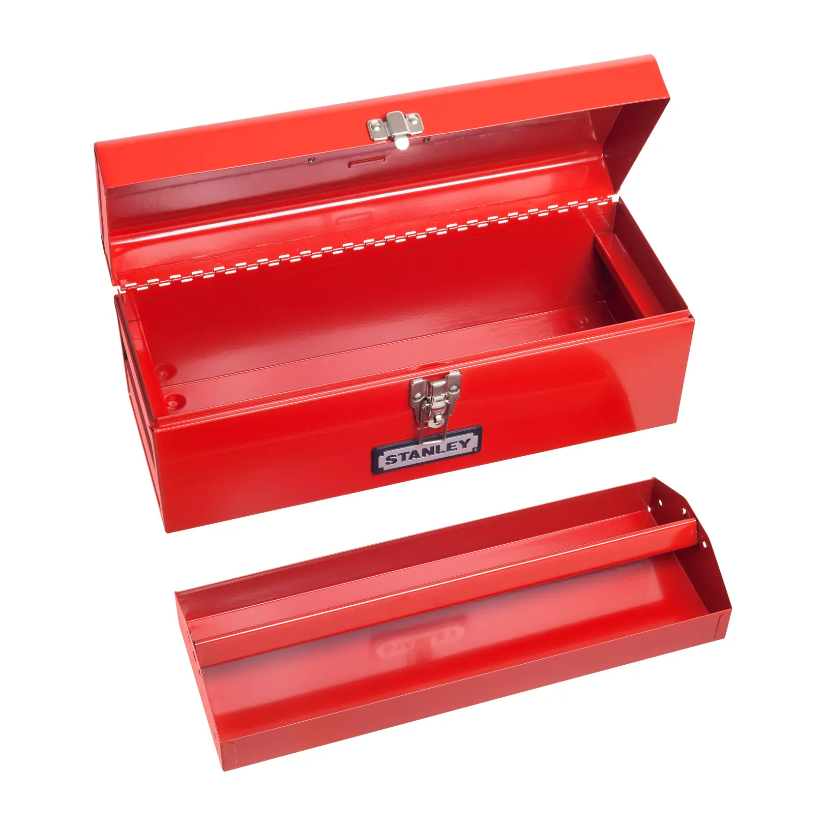 STANLEY 96219L caja de herramientas de metal roja con tapa abierta y bandeja removible, fotografiada desde arriba sobre fondo blanco.