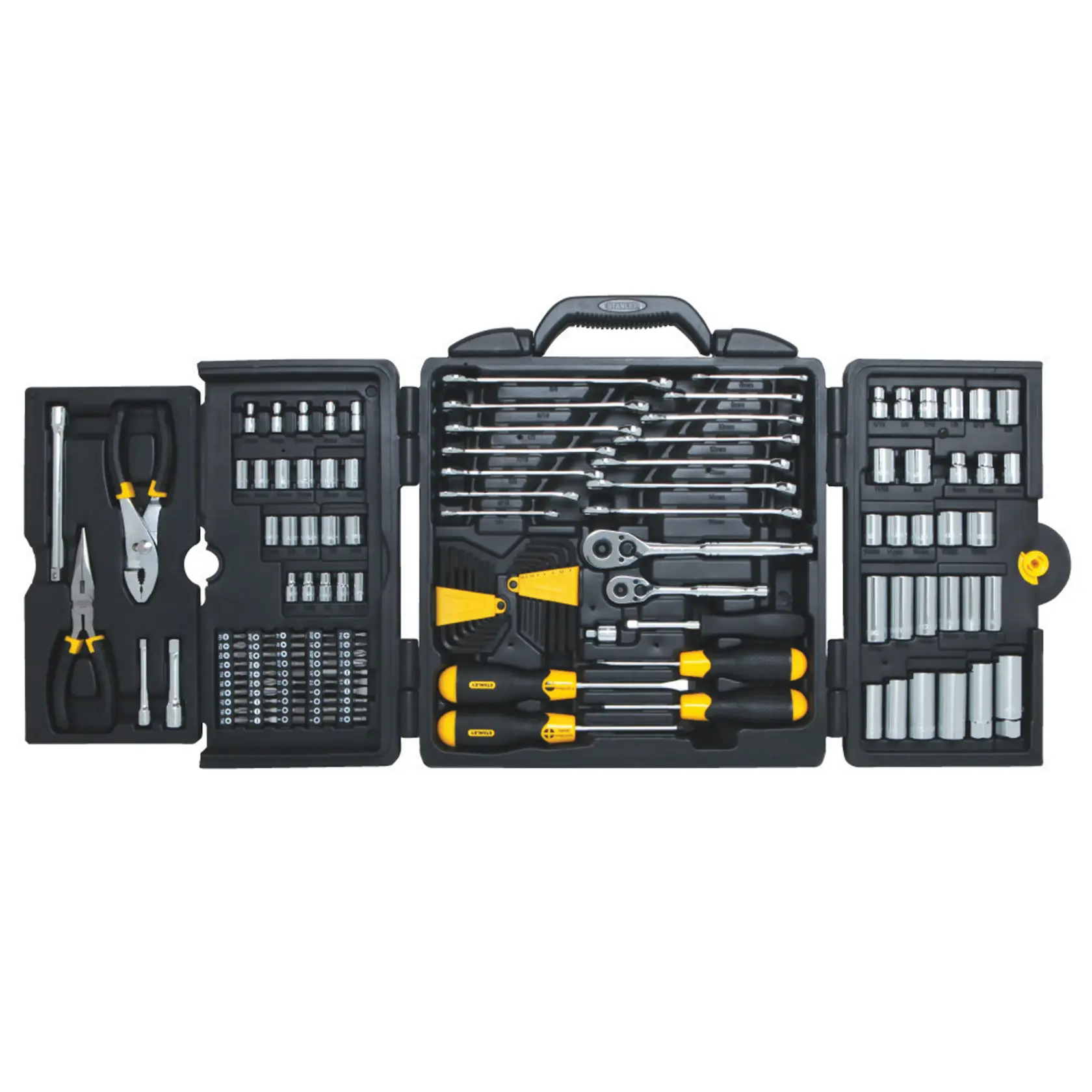 Stanley juego de herramientas toma frontal, incluye alicates, destornilladores, dados, carracas, puntas y extensiones en estuche negro