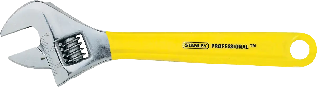 Llave ajustable STANLEY 97-797 con mango amarillo, vista lateral sobre fondo blanco.
