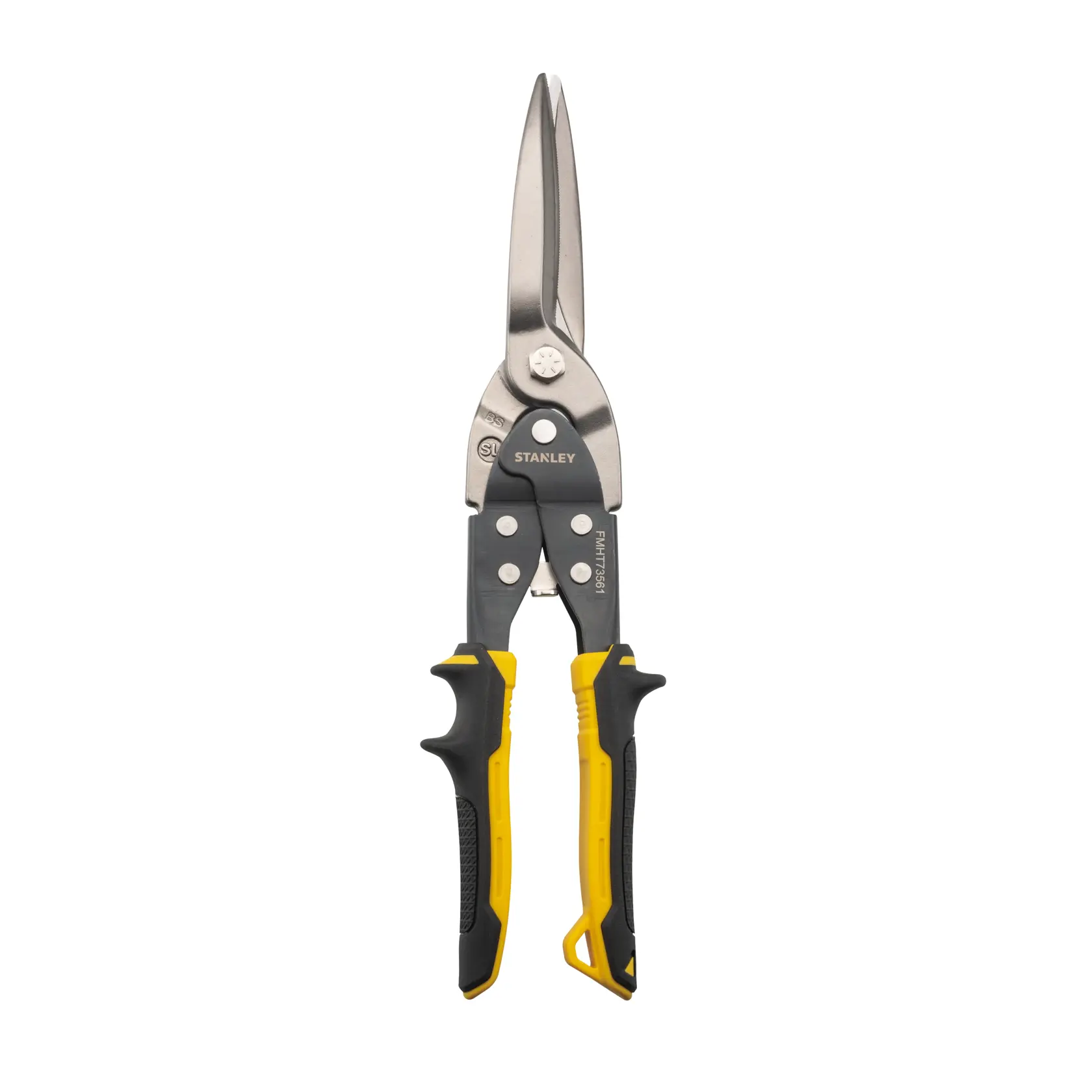 Stanley straight cut aviation snips, vista frontal, mangos ergonómicos negros y amarillos sobre fondo blanco