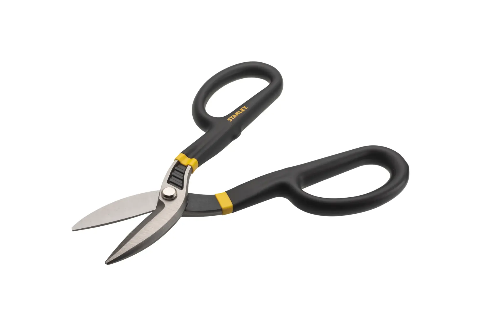 STANLEY FMHT73571 tijeras para hojalata con mango negro y amarillo, vista lateral sobre fondo blanco.
