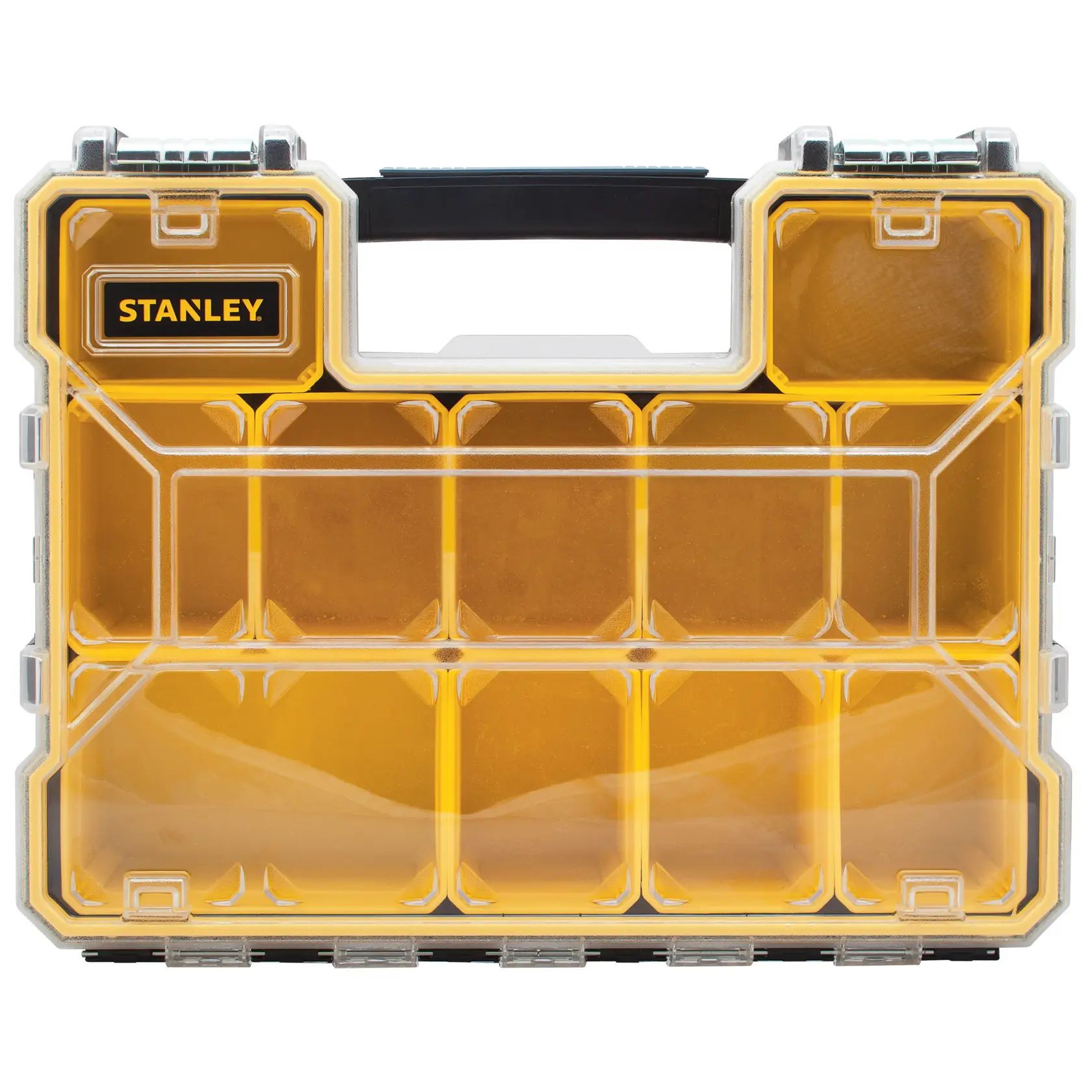 Stanley FatMax Deep Pro Organizer vista frontal, tapa transparente, compartimentos amarillos, asa negra
