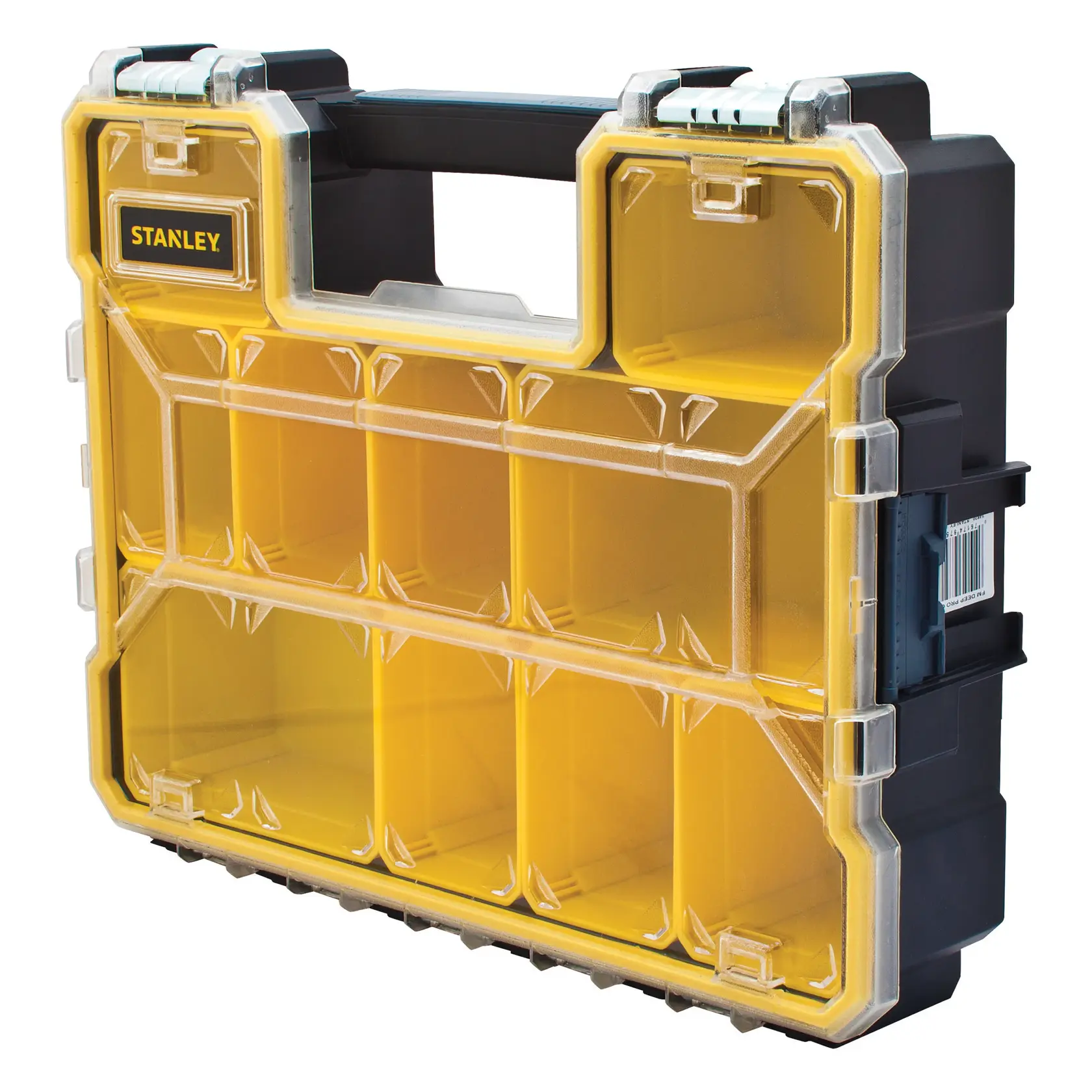 STANLEY FATMAX organizador profesional amarillo y negro de plástico, ángulo frontal sobre fondo blanco.