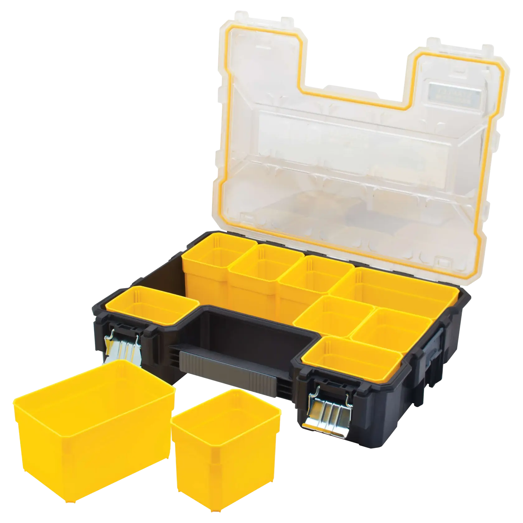 Caja organizadora Stanley con compartimentos amarillos extraíbles y tapa transparente, vista frontal en ángulo sobre fondo blanco