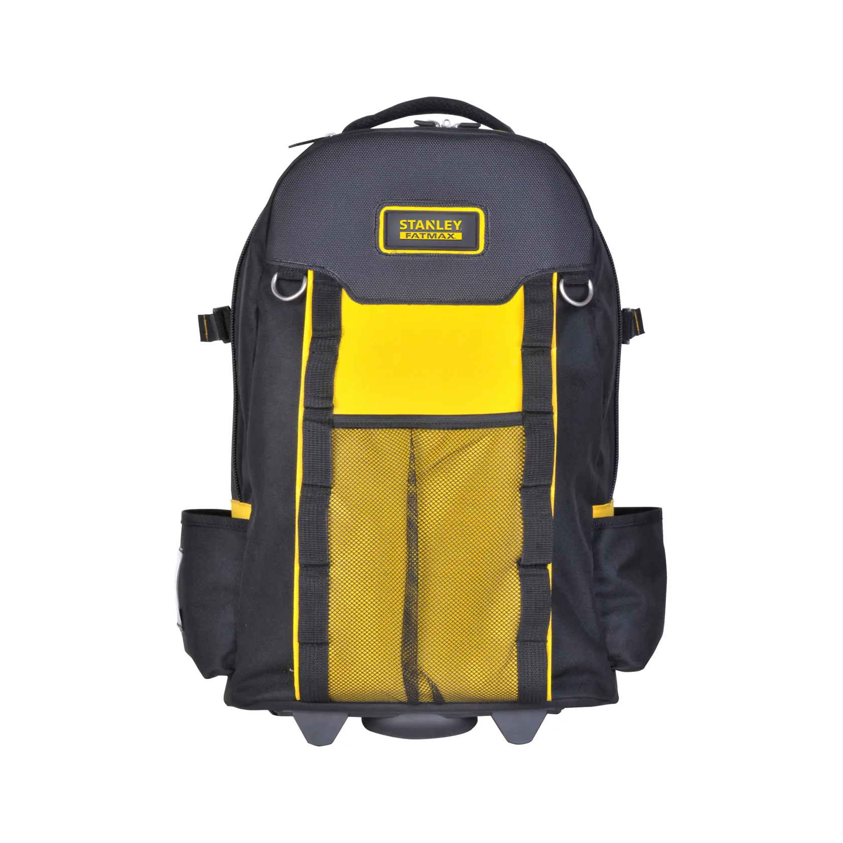 STANLEY FMST514196 mochila para herramientas con diseño negro y amarillo, bolsillo frontal de malla y bolsillos laterales, vista frontal.