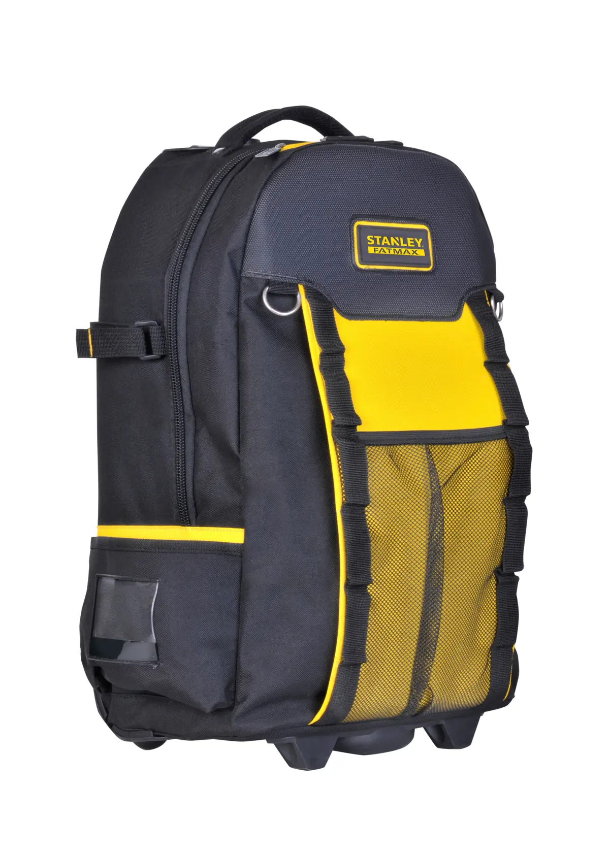 Mochila para herramientas STANLEY FMST514196, negra y amarilla, bolsillo frontal de malla, vista en ángulo sobre fondo blanco.