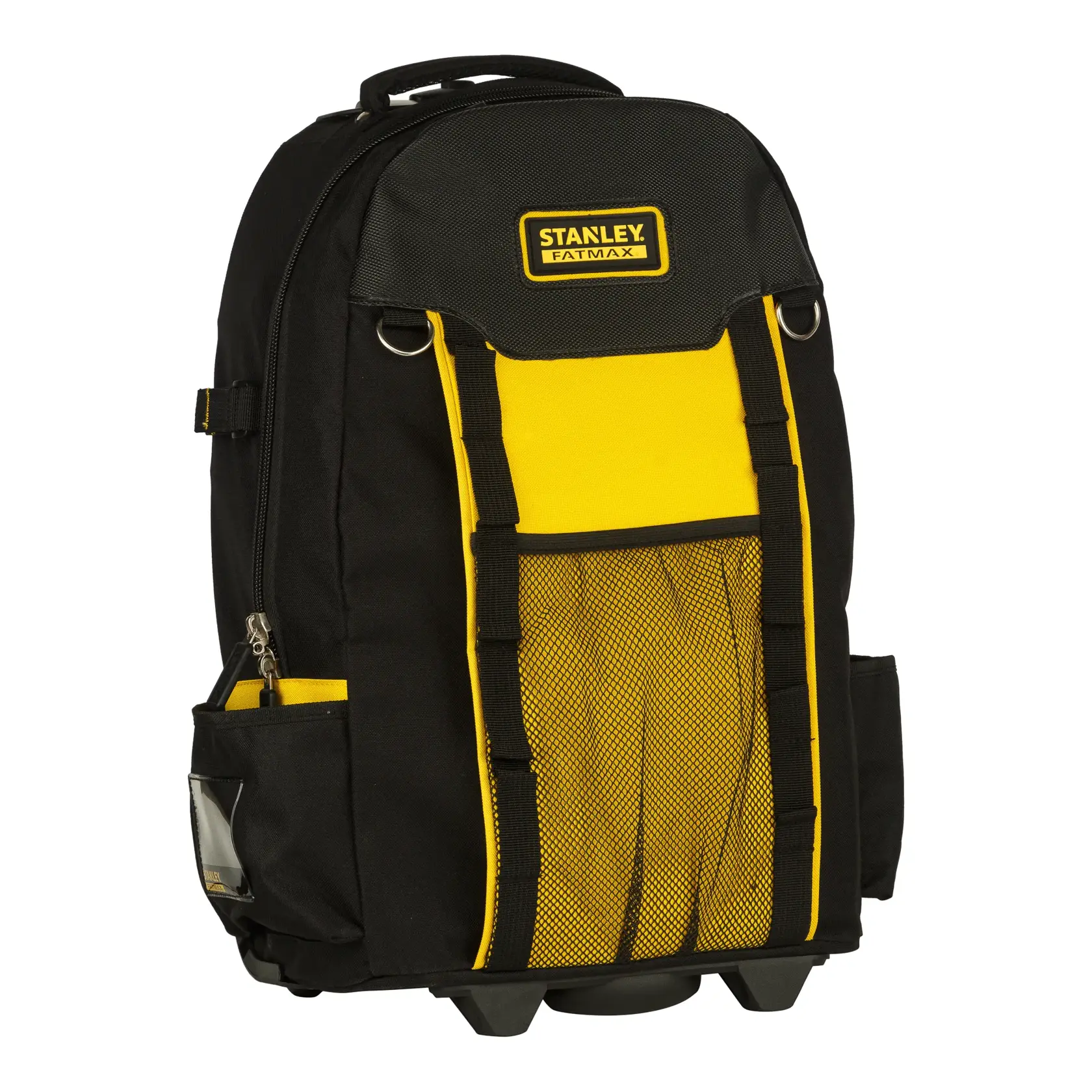 Mochila para herramientas STANLEY FMST514196, negra y amarilla, bolsillo frontal de malla, vista en ángulo sobre fondo blanco.