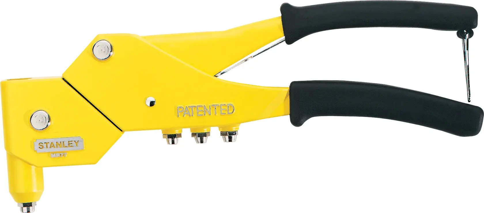 STANLEY MR77C herramienta remachadora manual amarilla, vista lateral con mangos negros, fotografía de producto.