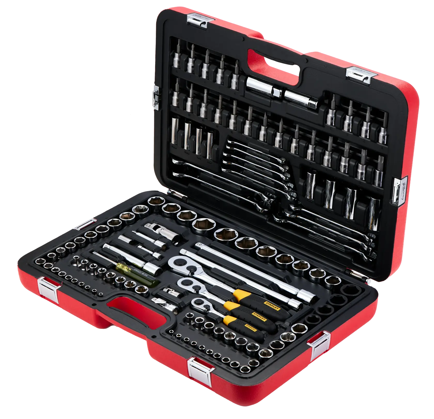 STANLEY R99-120LA juego de herramientas mecánicas en estuche rígido rojo, abierto con dados, matracas, llaves y destornilladores.