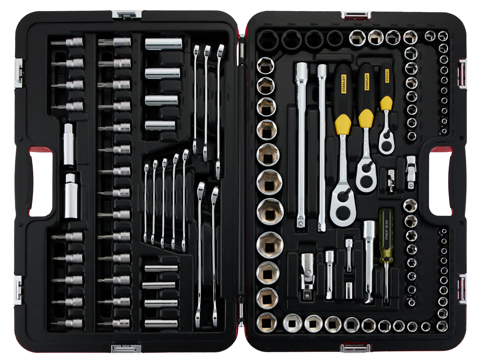 STANLEY R99-120LA juego de herramientas mecánicas con matracas, dados, llaves y accesorios en estuche negro, vista superior.