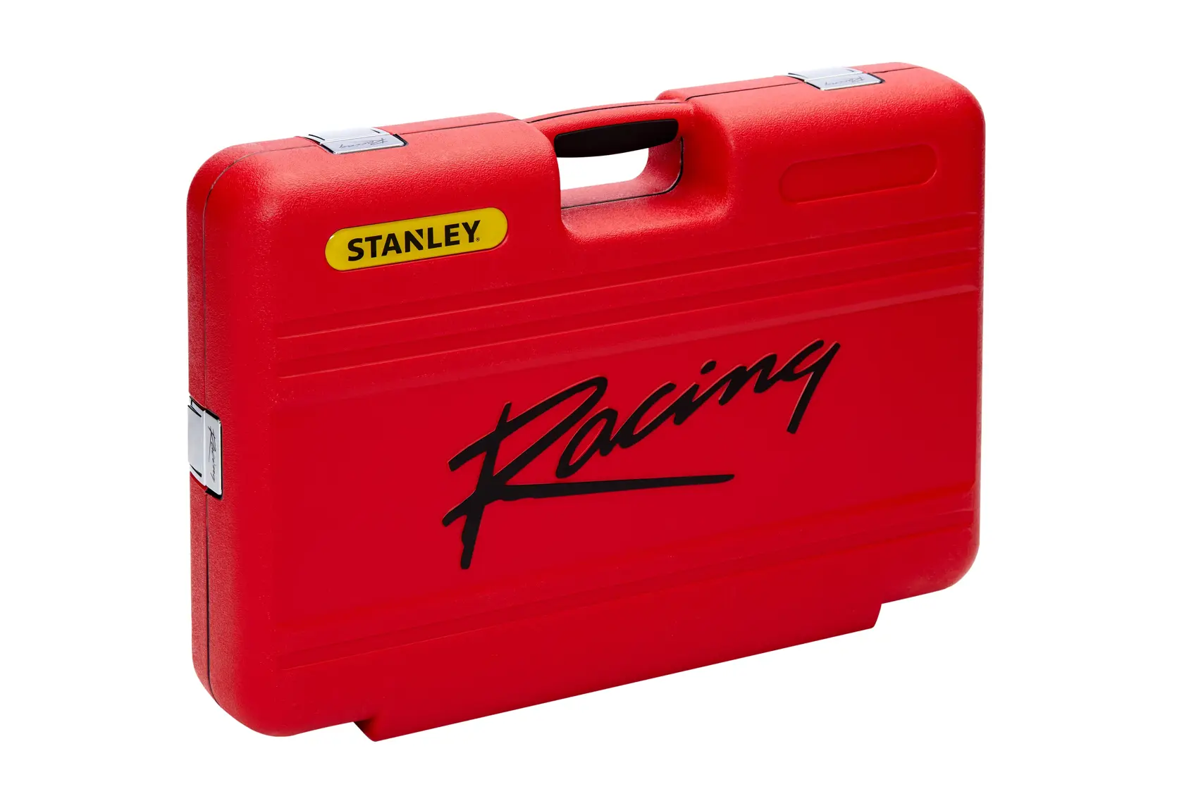 Fotografía de STANLEY R99-150LA estuche rígido rojo de herramientas, logo Racing, vista en ángulo sobre fondo blanco.