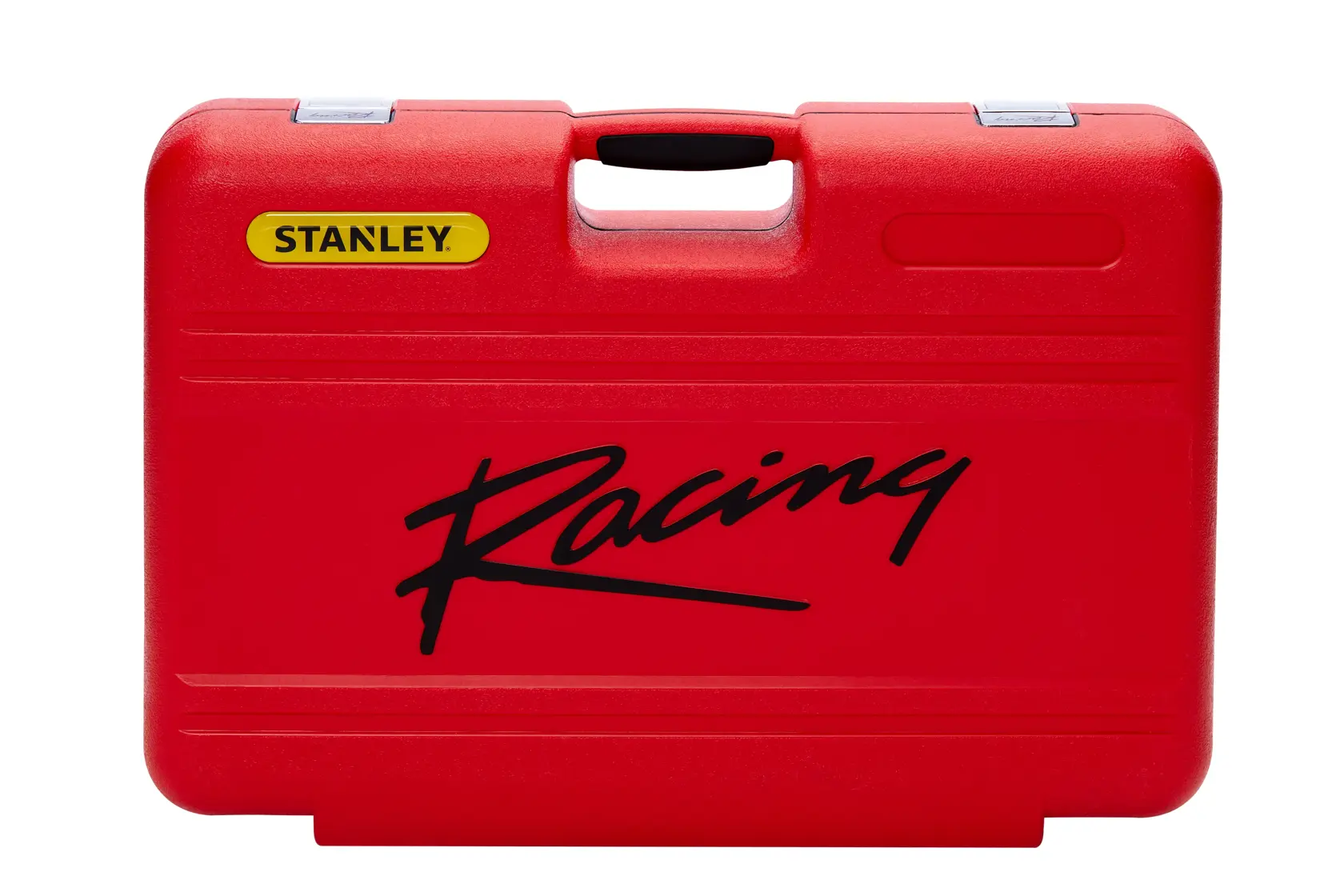 STANLEY R99-150LA estuche de herramientas rojo con temática racing, vista frontal, asa negra y etiqueta amarilla.