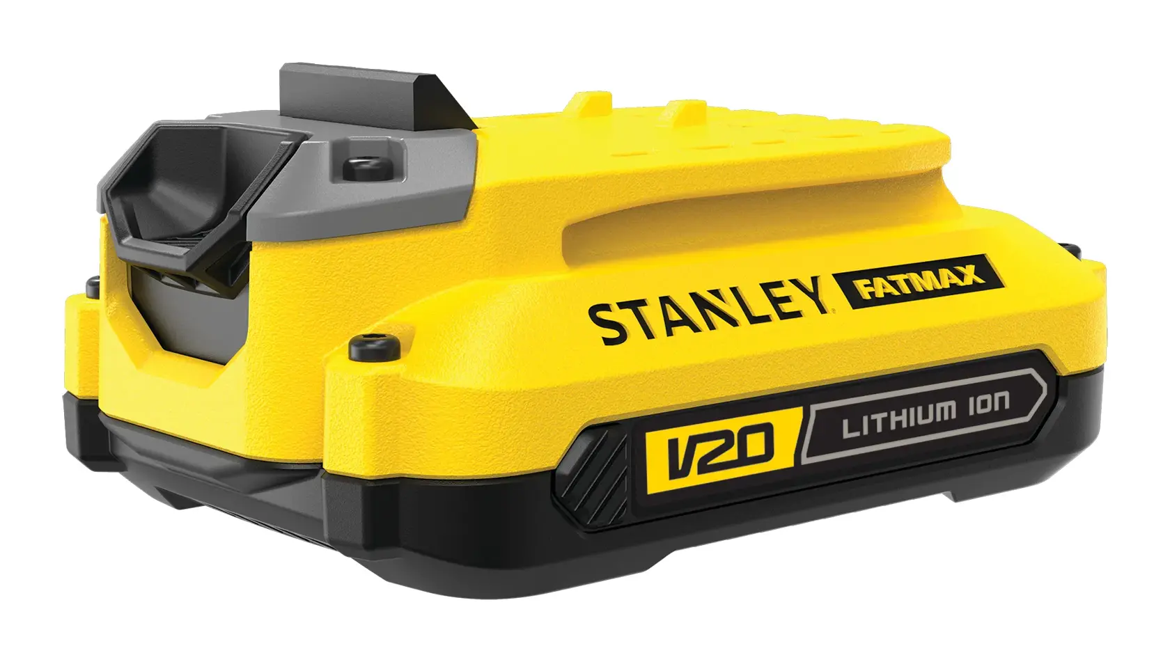 Batería STANLEY SB201-B2 de ion-litio V20 FATMAX, amarillo y negro, ángulo lateral sobre fondo blanco.