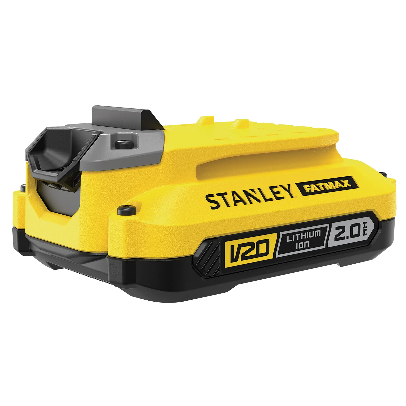 Batería de litio STANLEY FATMAX SB202 V20 2.0Ah, amarilla y negra, vista frontal en ángulo sobre fondo blanco.