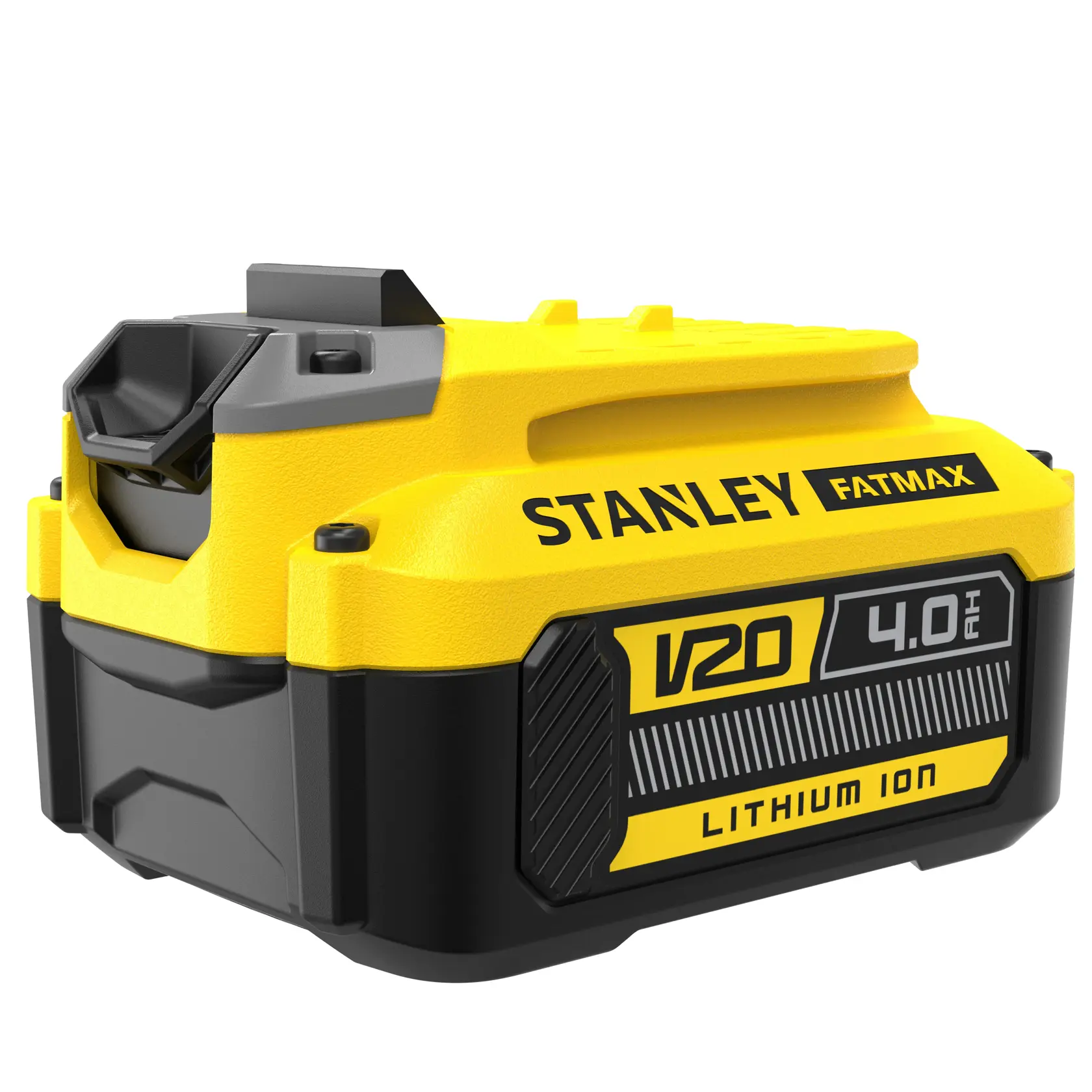 Foto de batería de ion de litio STANLEY V20 4.0Ah, SKU SB204-KR, paquete compacto amarillo y negro, vista en ángulo.