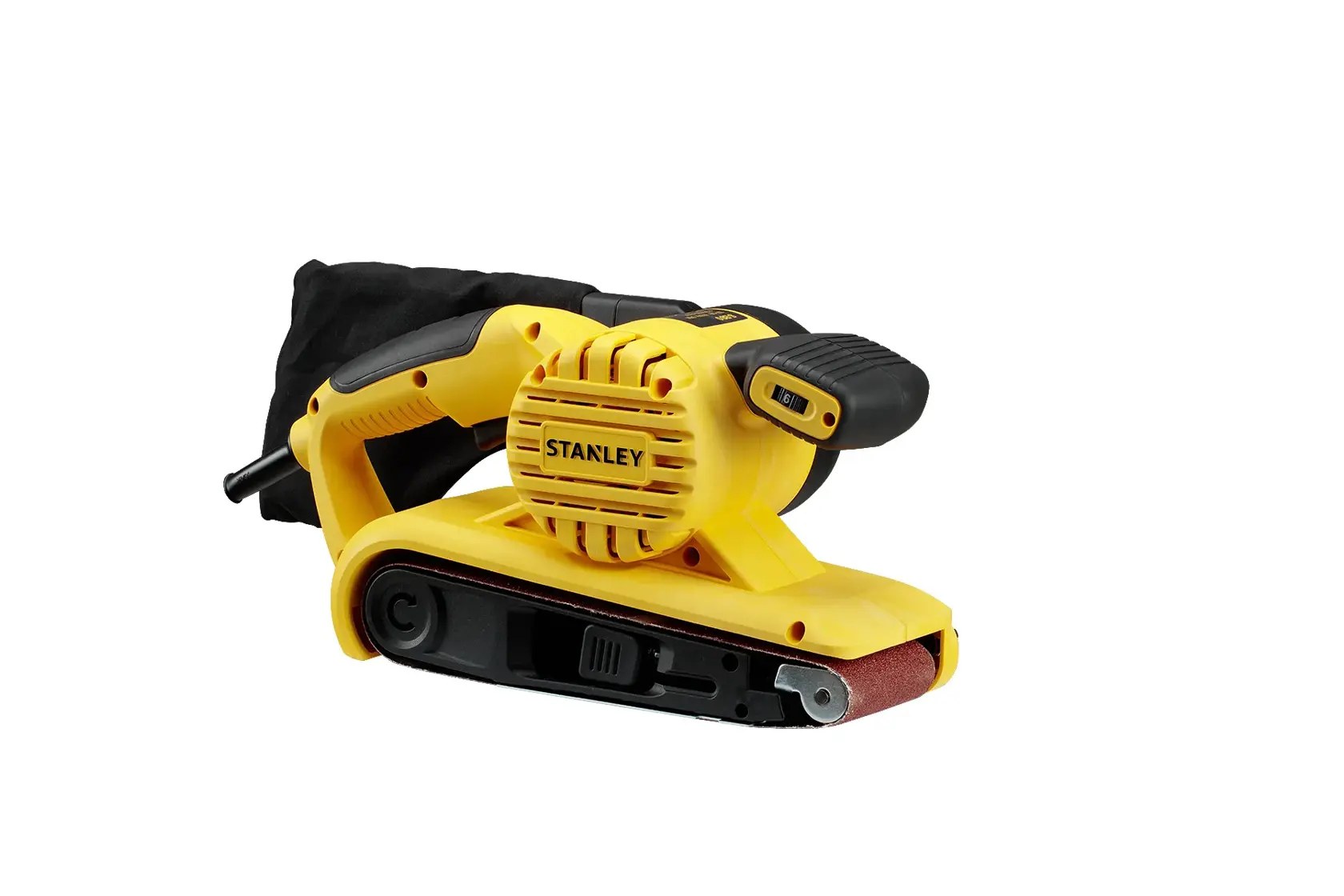 STANLEY SB90-B2C lijadora de banda amarilla con bolsa recolectora negra, ángulo lateral sobre fondo blanco.