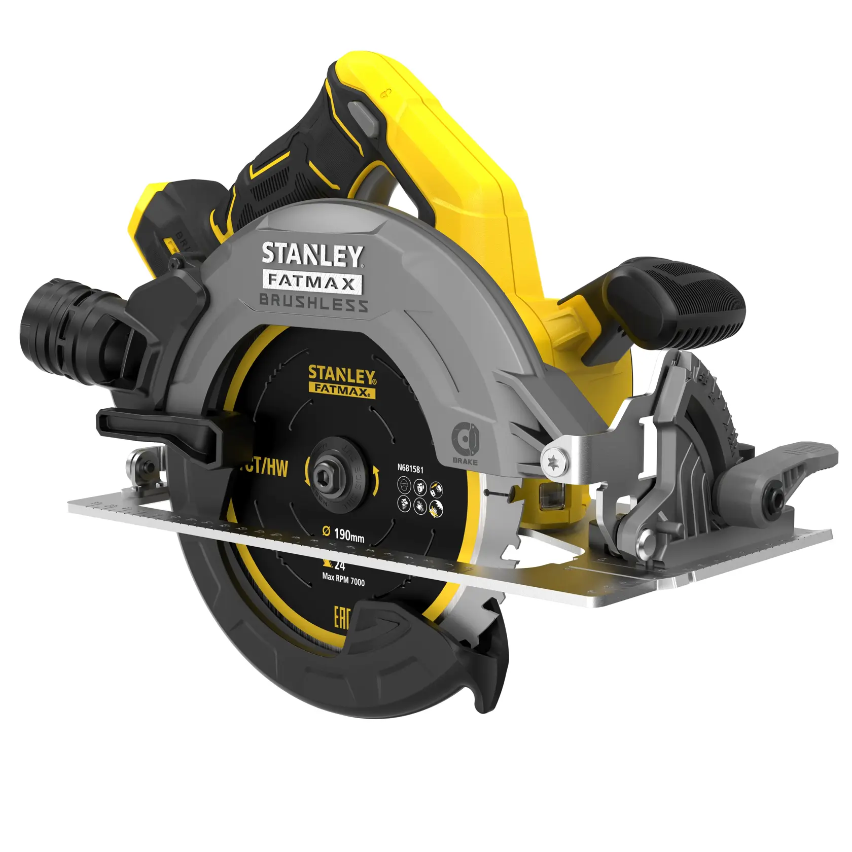 STANLEY SBC550 sierra circular brushless, amarilla y negra, vista lateral, con protector de disco y mango ergonómico.
