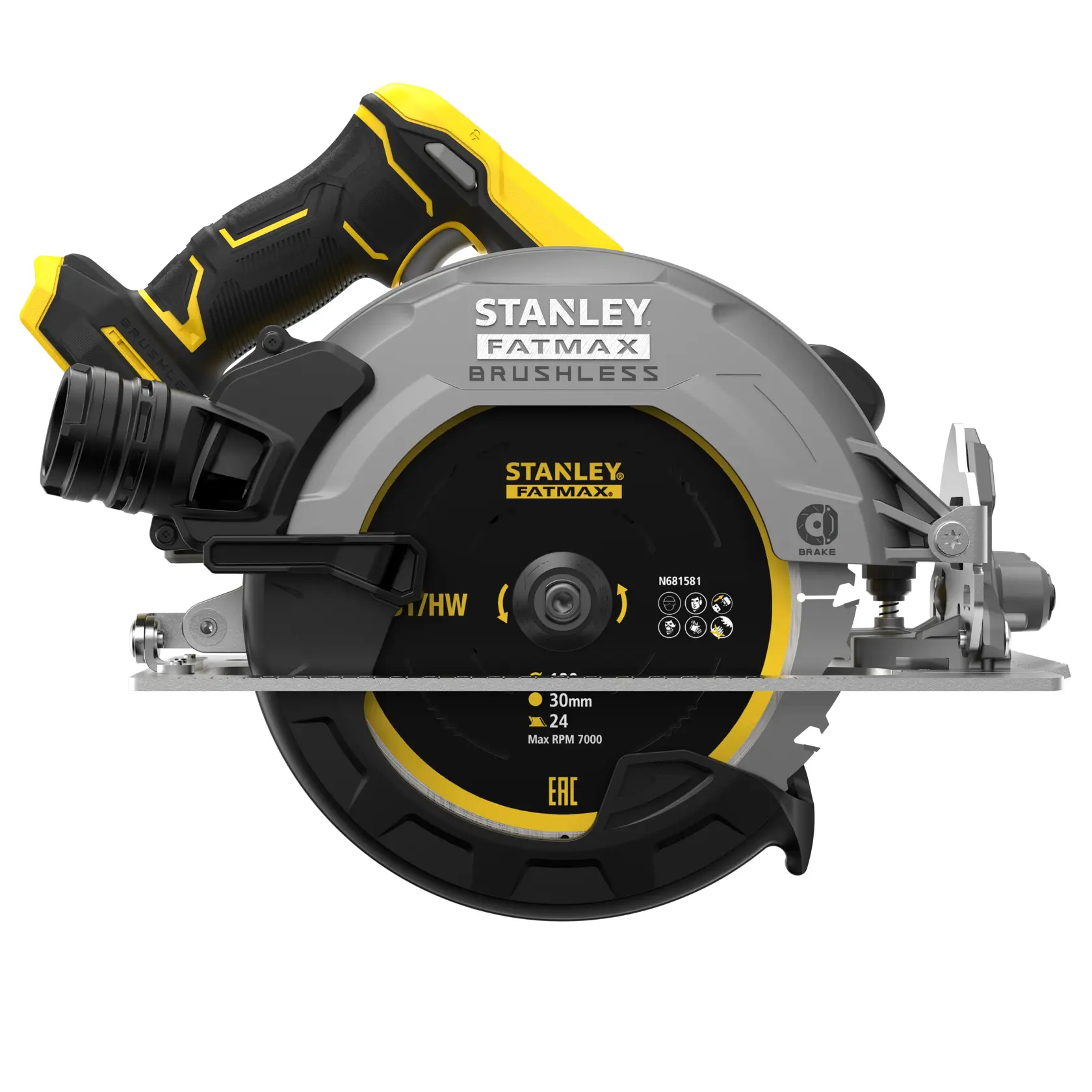 Sierra circular inalámbrica STANLEY FATMAX SBC550, vista lateral, motor sin escobillas, cuerpo negro y amarillo.