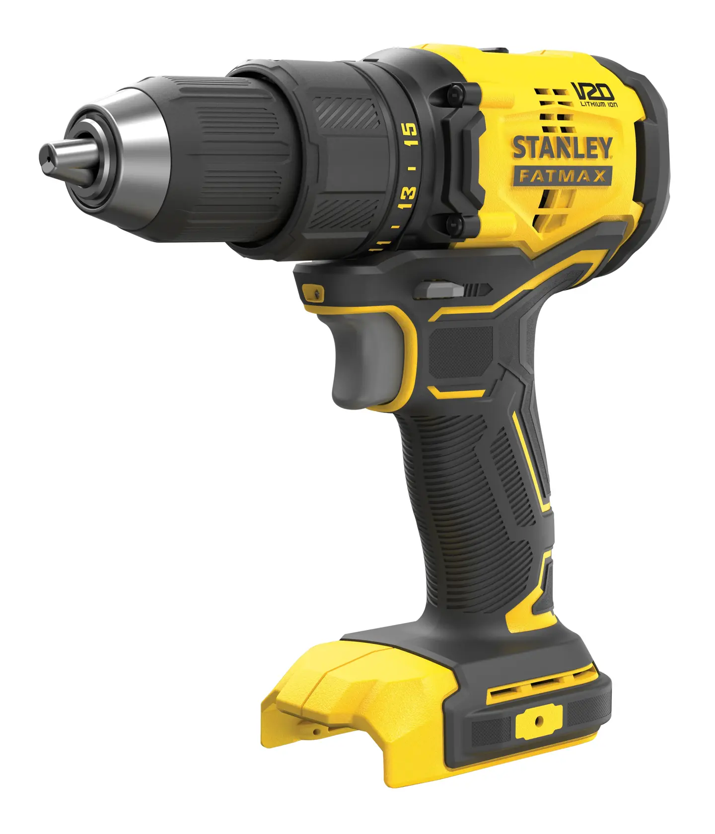 Taladro inalámbrico STANLEY SBD710B, amarillo y negro, ángulo frontal izquierdo sobre fondo blanco.