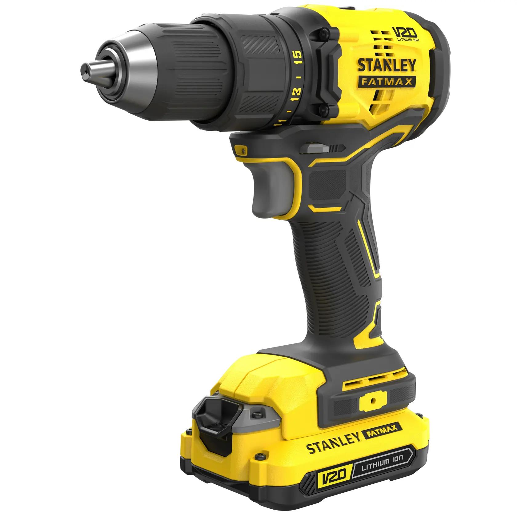 STANLEY SBD710C2K-B3 taladro inalámbrico, amarillo y negro, vista lateral, V20 Lithium Ion, serie FATMAX.