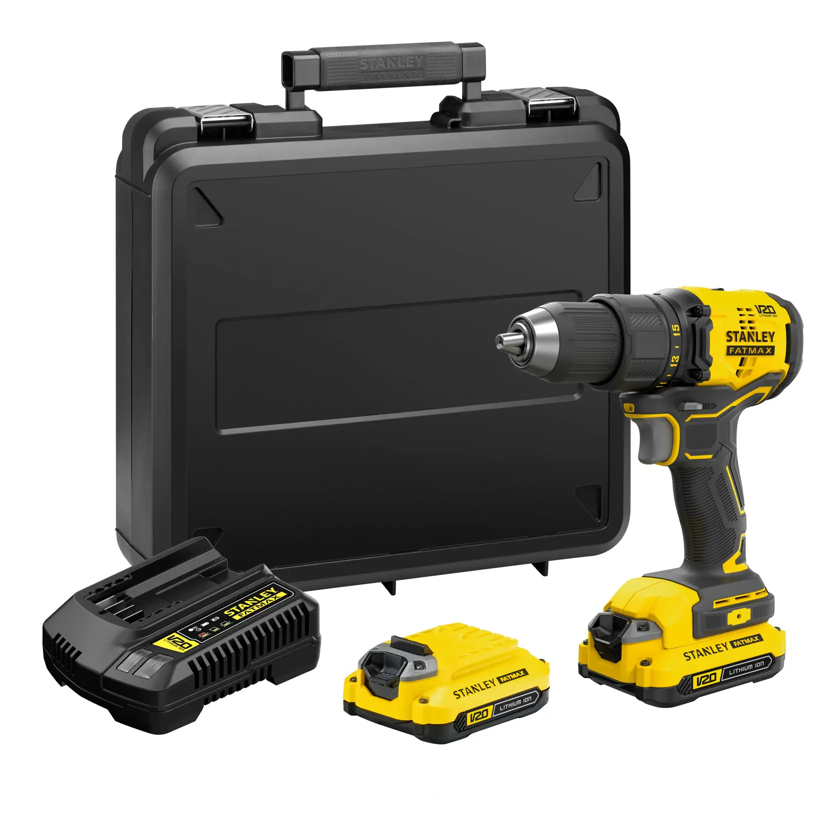 Kit de taladro inalámbrico STANLEY SBD710C2K con dos baterías, cargador y estuche negro, vista frontal.
