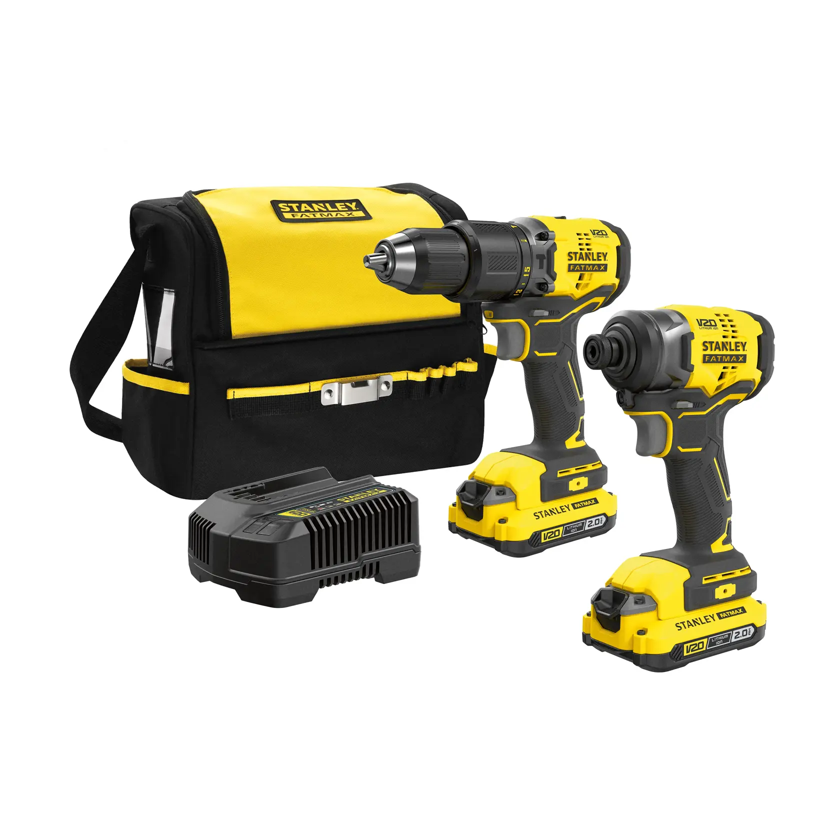 STANLEY SBDI461D2S kit de taladro y destornillador inalámbrico con bolsa y cargador, vista frontal, amarillo y negro.