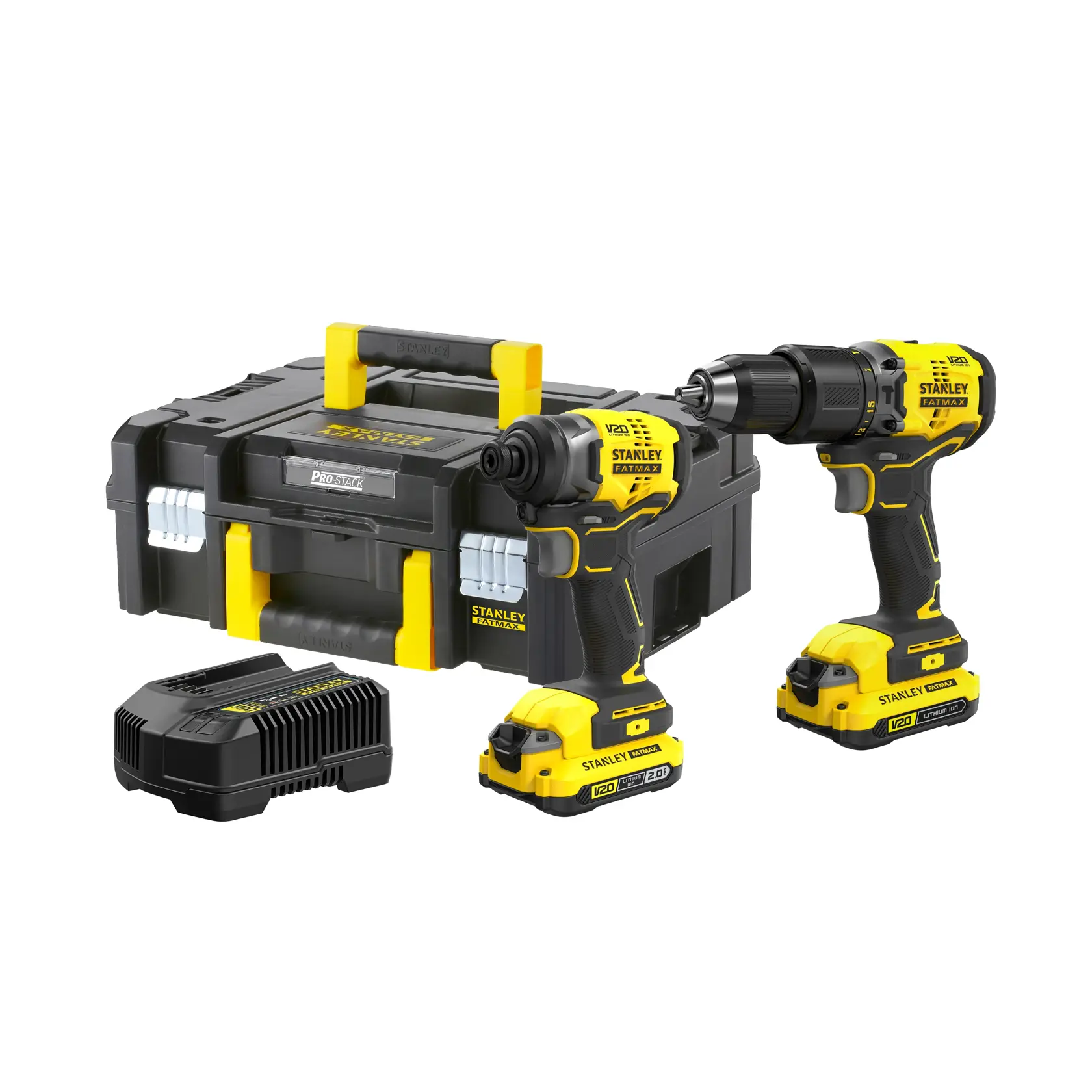 Kit de taladro y atornillador de impacto inalámbricos STANLEY SBDI465D2T-B2 con caja de almacenamiento negra y amarilla y cargador de batería, vista frontal.