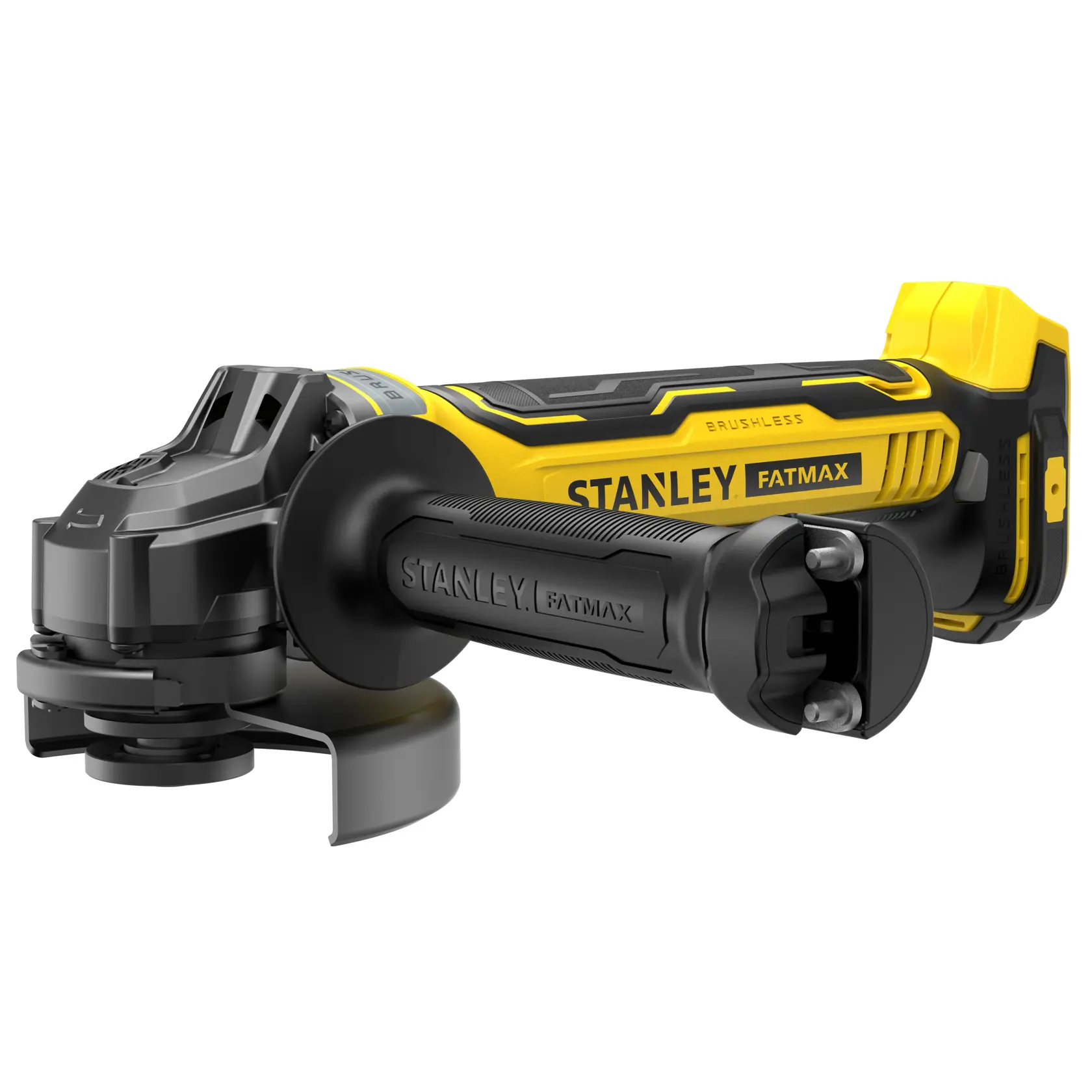 STANLEY SBG700 amoladora angular inalámbrica FATMAX, amarilla y negra, vista frontal, fotografía.