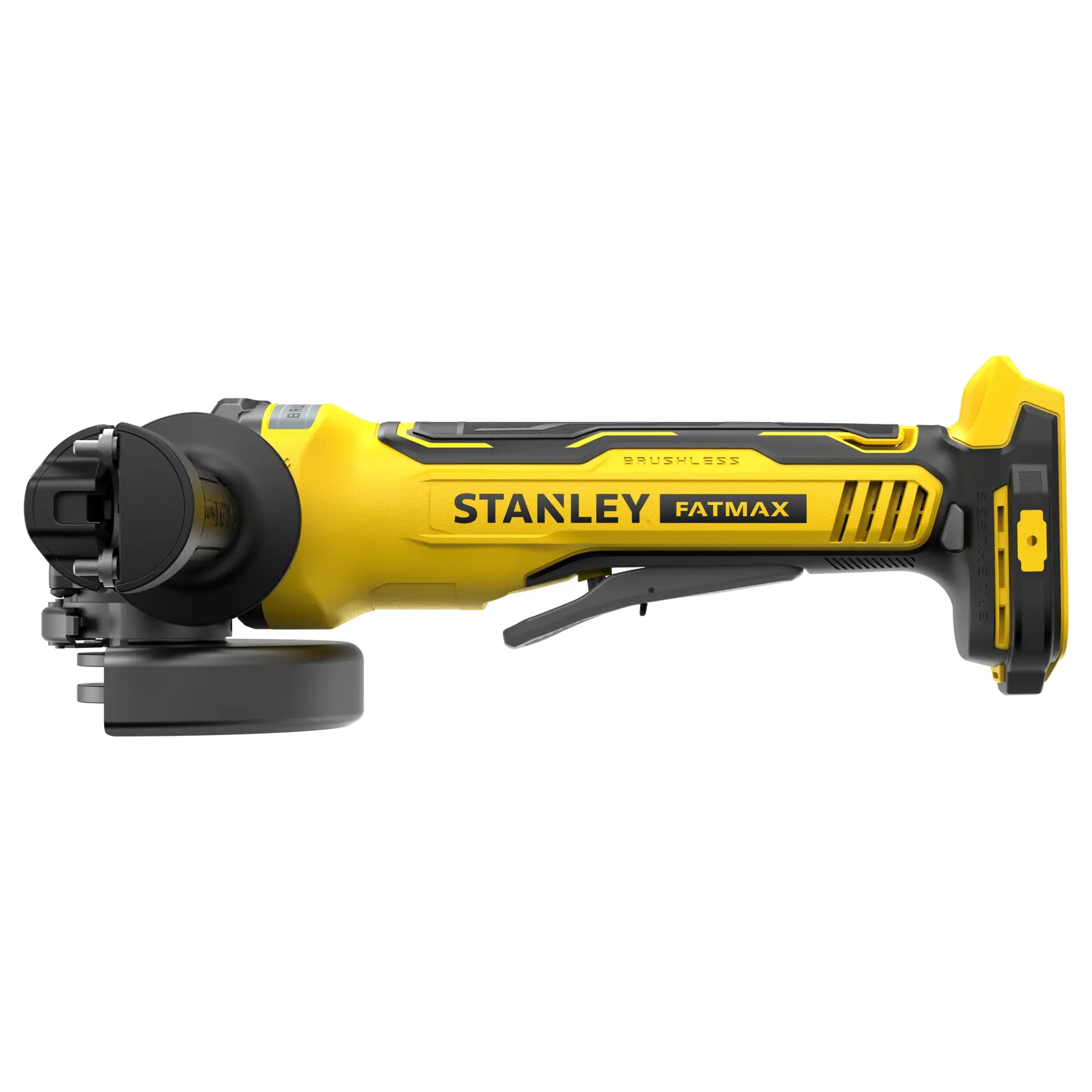 STANLEY SBG700 amoladora angular, amarilla y negra, vista lateral, inalámbrica, serie FATMAX.