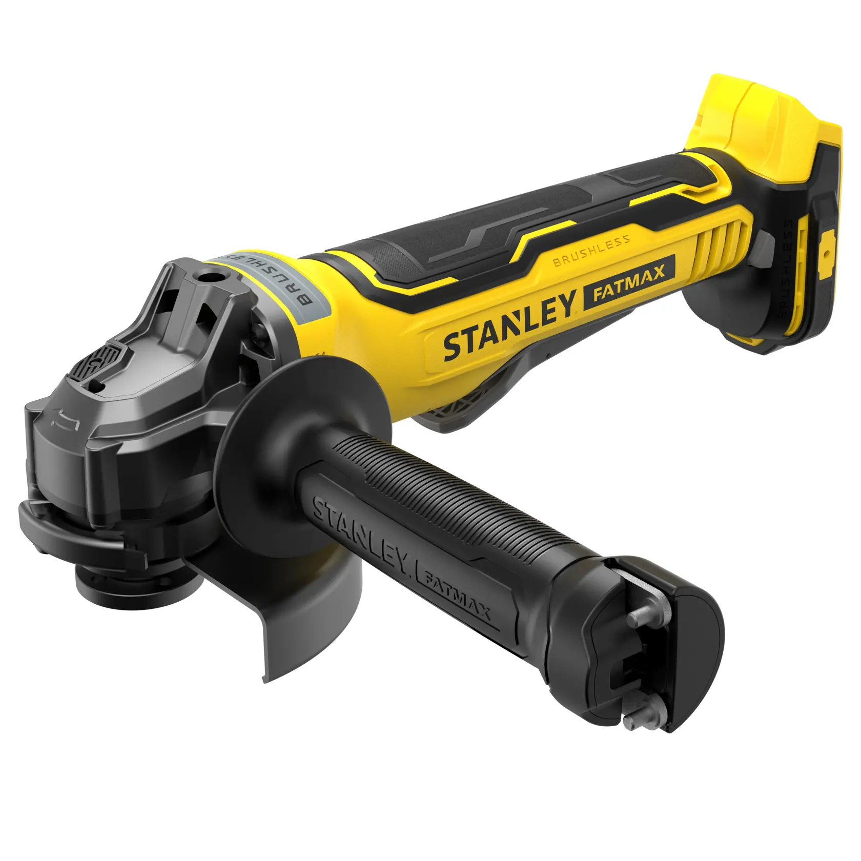 Stanley SBG700 herramienta eléctrica amoladora angular, amarilla y negra, foto desde el frente izquierdo.
