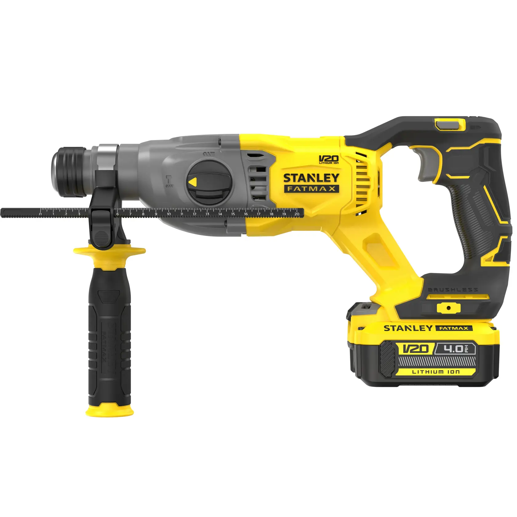 Taladro percutor inalámbrico STANLEY SBH900M2K-B3, amarillo y negro, vista lateral sobre fondo blanco.