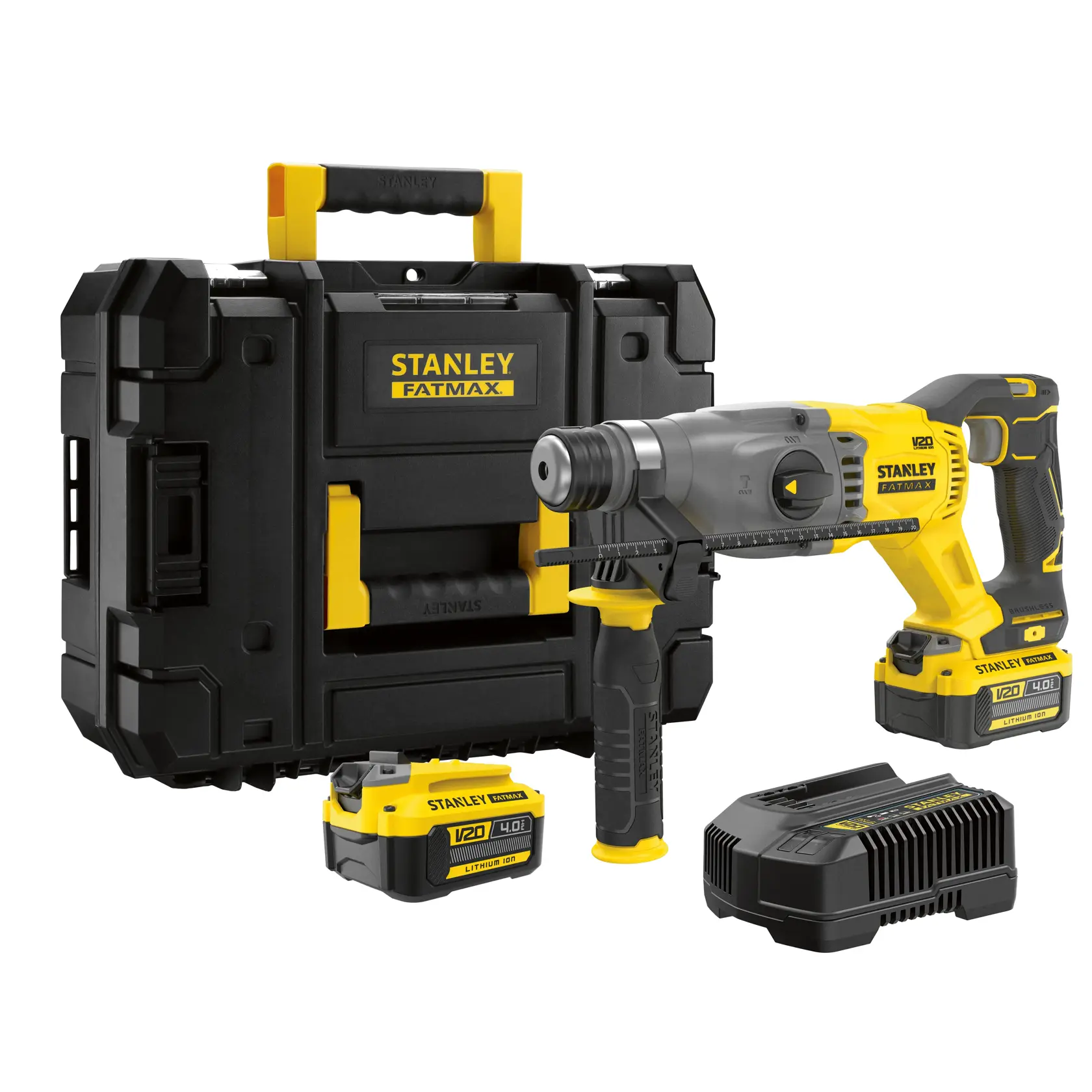 STANLEY SBH900M2K-B3 kit de martillo rotativo inalámbrico con maletín, baterías y cargador, vista frontal.