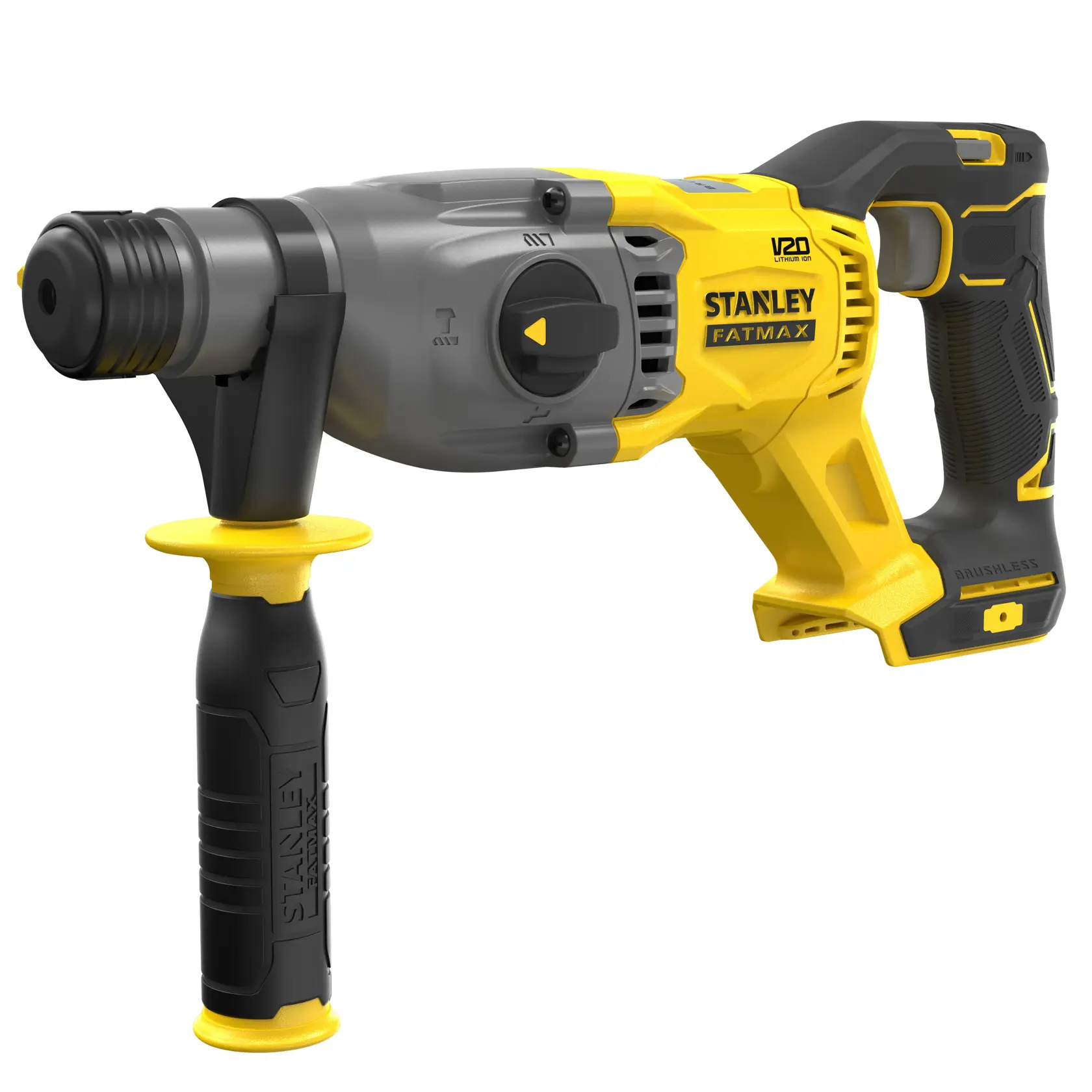 Taladro rotatorio STANLEY SBH900 amarillo y negro, vista lateral sobre fondo blanco.
