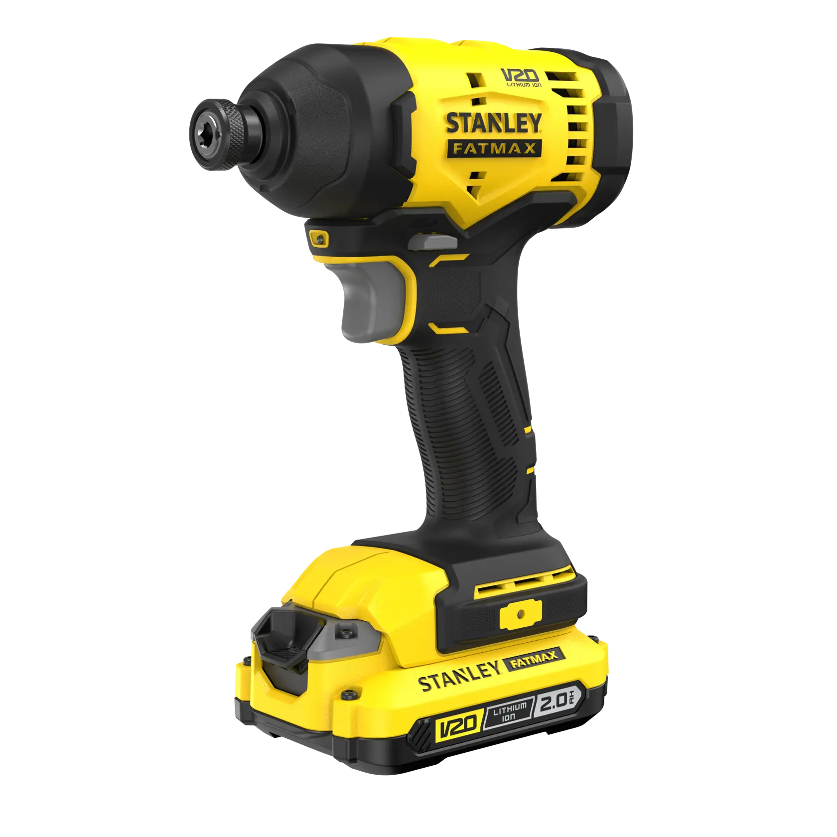 Atornillador de impacto inalámbrico STANLEY SBI801D2K, serie V20, amarillo y negro, vista frontal izquierda, fondo blanco.