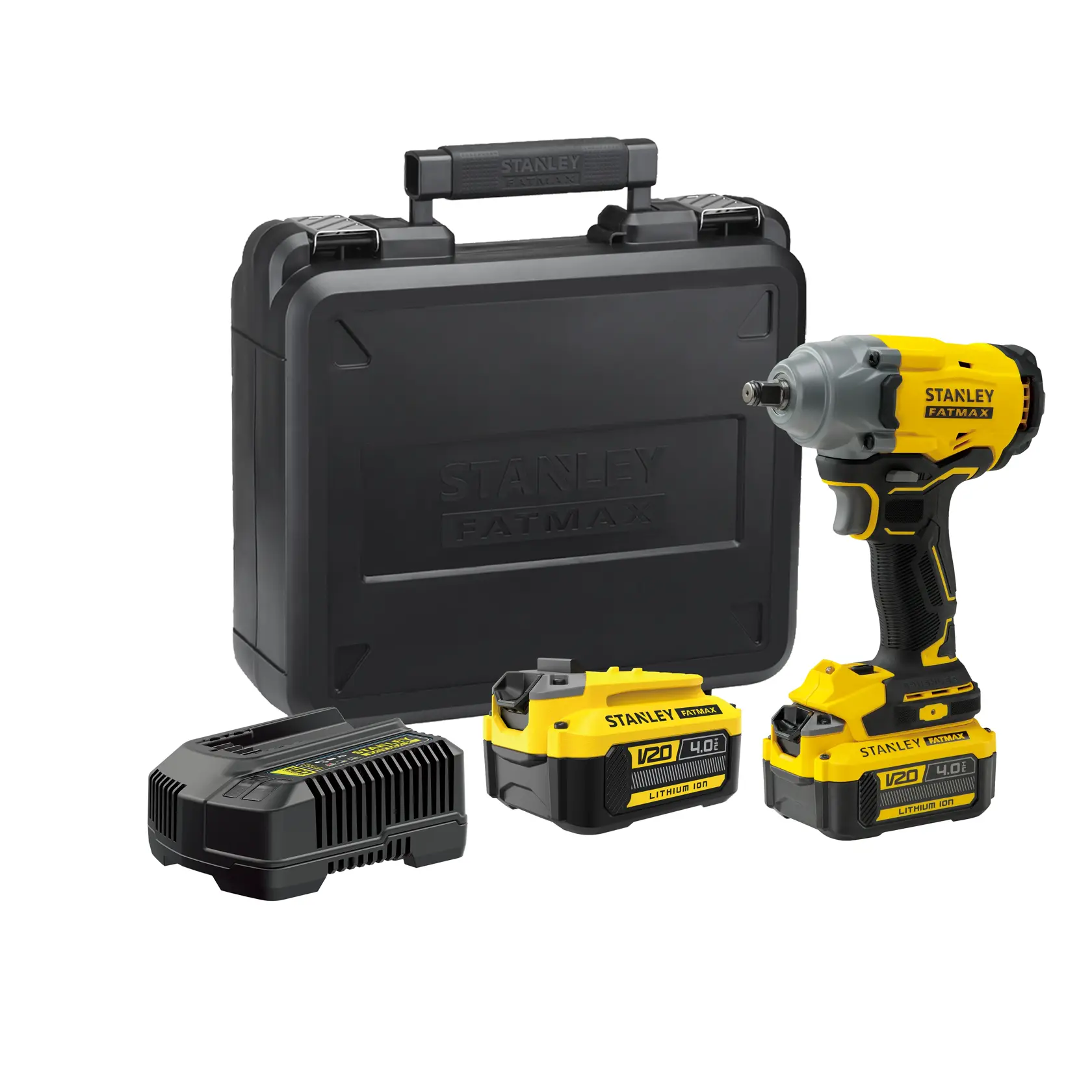 Stanley SBW920M2K kit de llave de impacto con estuche, cargador y dos baterías V20 de litio-ion, ángulo frontal.