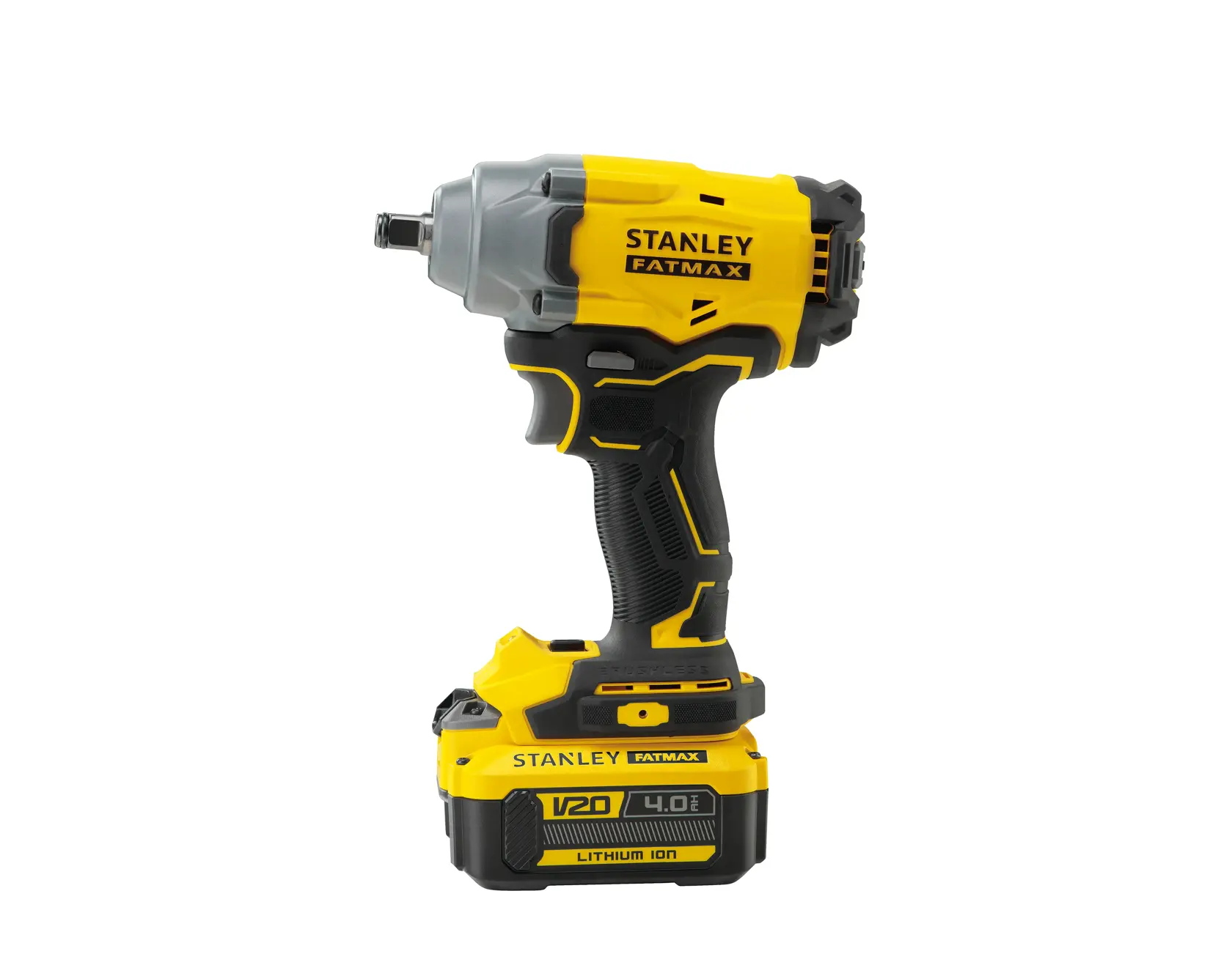 Llave de impacto inalámbrica STANLEY SBW920, amarilla y negra, batería V20 4.0Ah, vista lateral sobre fondo blanco.