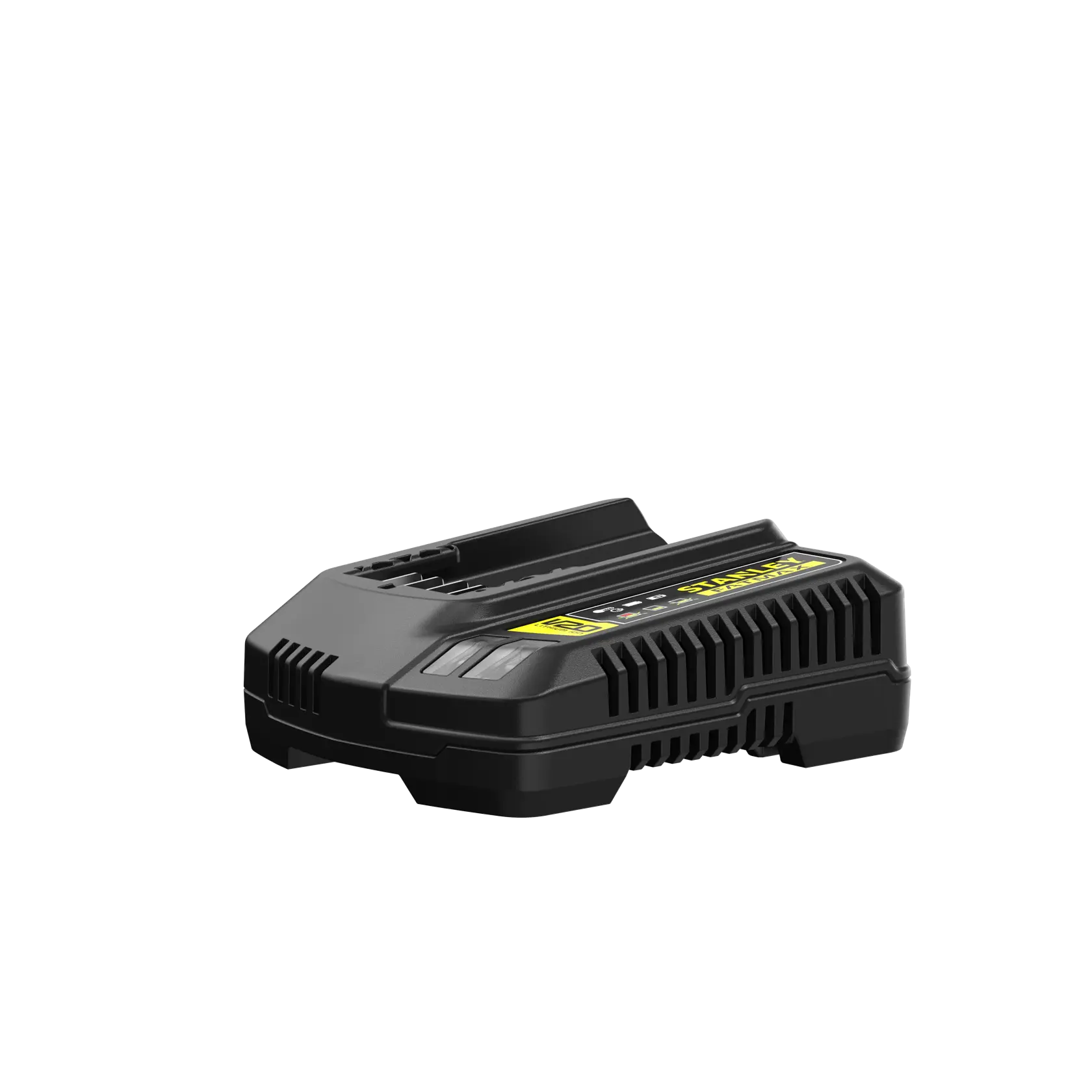 Cargador de batería STANLEY SC125, negro con detalles amarillos, vista en ángulo sobre fondo blanco.