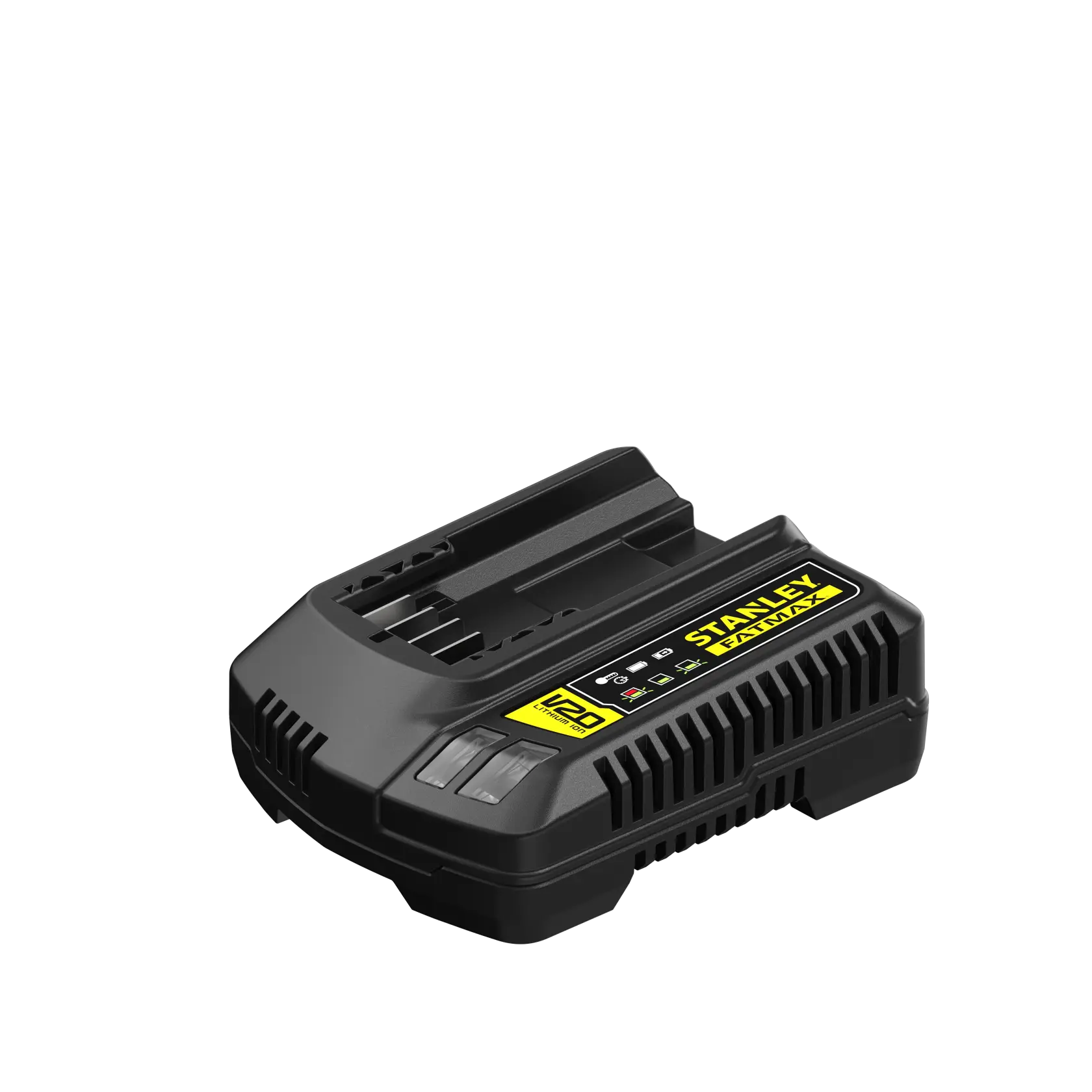 STANLEY SC125 cargador de batería, negro con etiqueta amarilla, fotografía, ángulo frontal sobre fondo blanco.