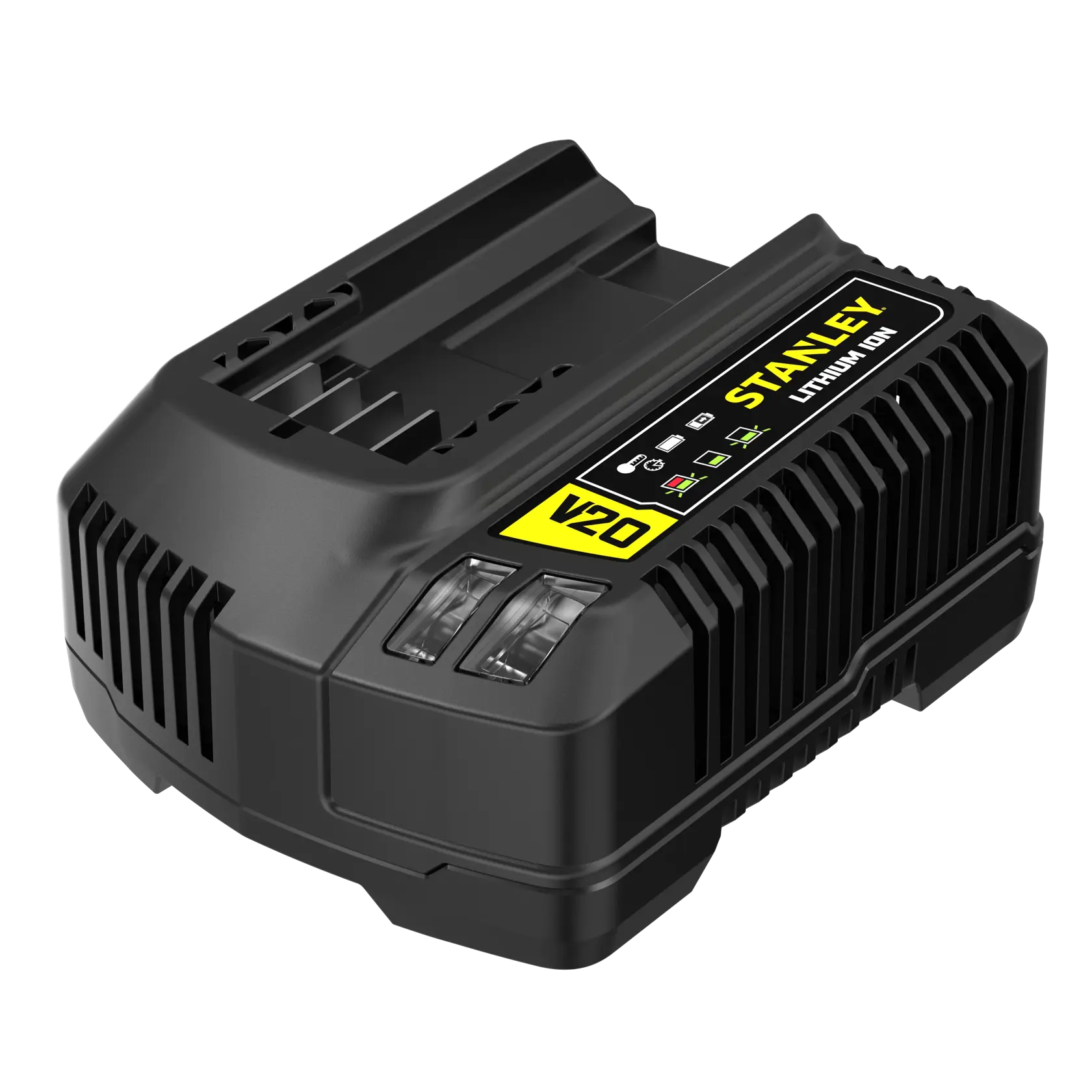 Cargador de batería STANLEY SC200 negro, V20 Lithium Ion, fotografía de producto en ángulo sobre fondo blanco.