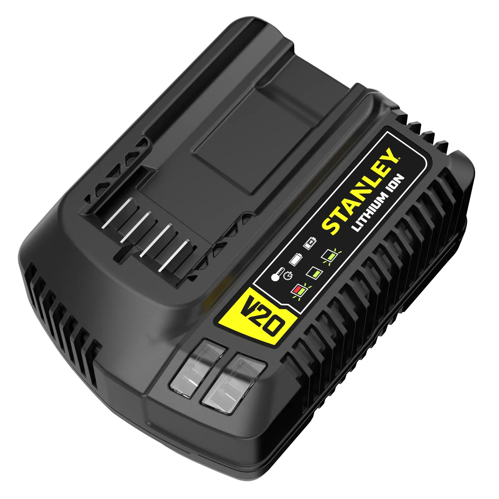 Cargador de batería y paquete de batería STANLEY SC200, amarillo y negro, vista en ángulo sobre superficie de madera.