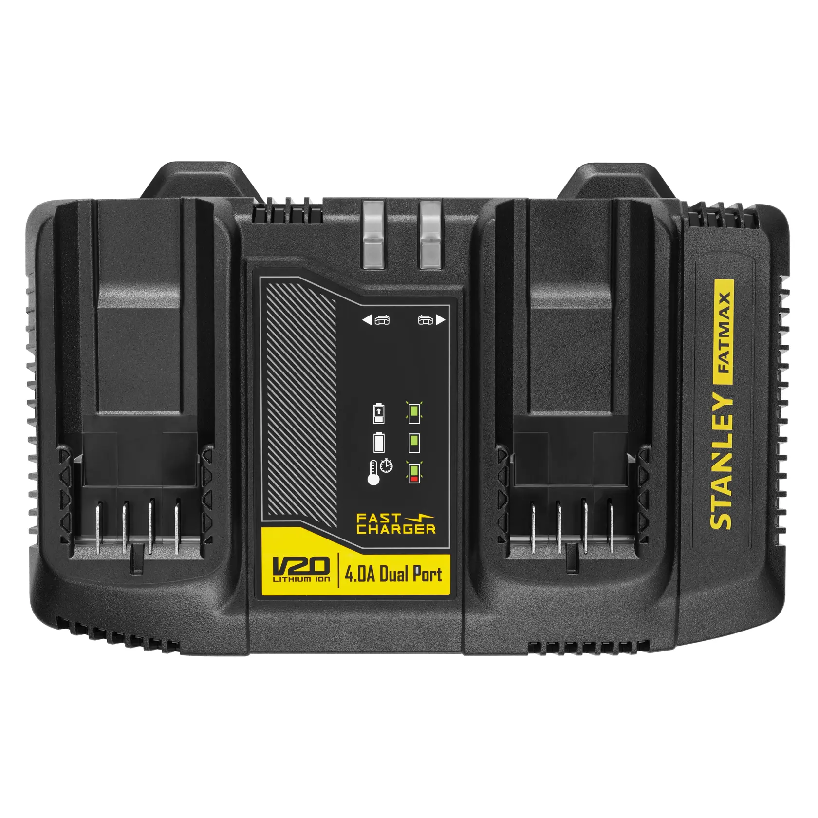 Stanley SC402-KR cargador de batería con puerto USB, mano conectando el cable en primer plano.