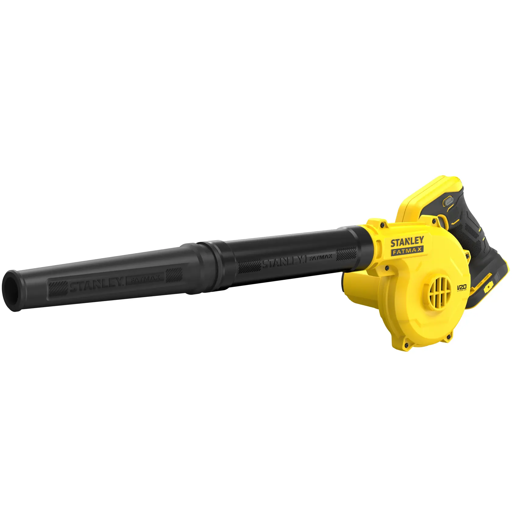 Soplador inalámbrico STANLEY SCBL01 amarillo y negro, vista lateral sobre fondo blanco.