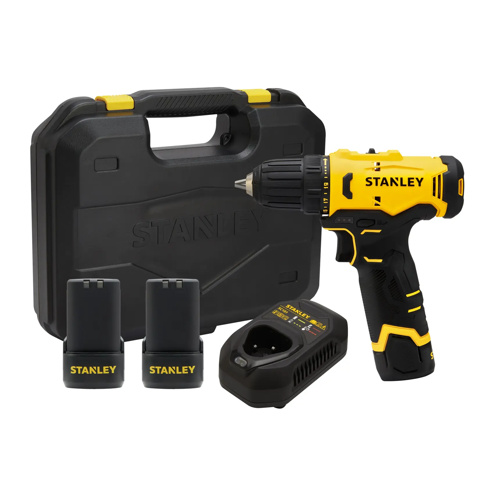 STANLEY SCD10D2K-KR set de taladro inalámbrico con estuche, dos baterías y cargador, ángulo frontal.