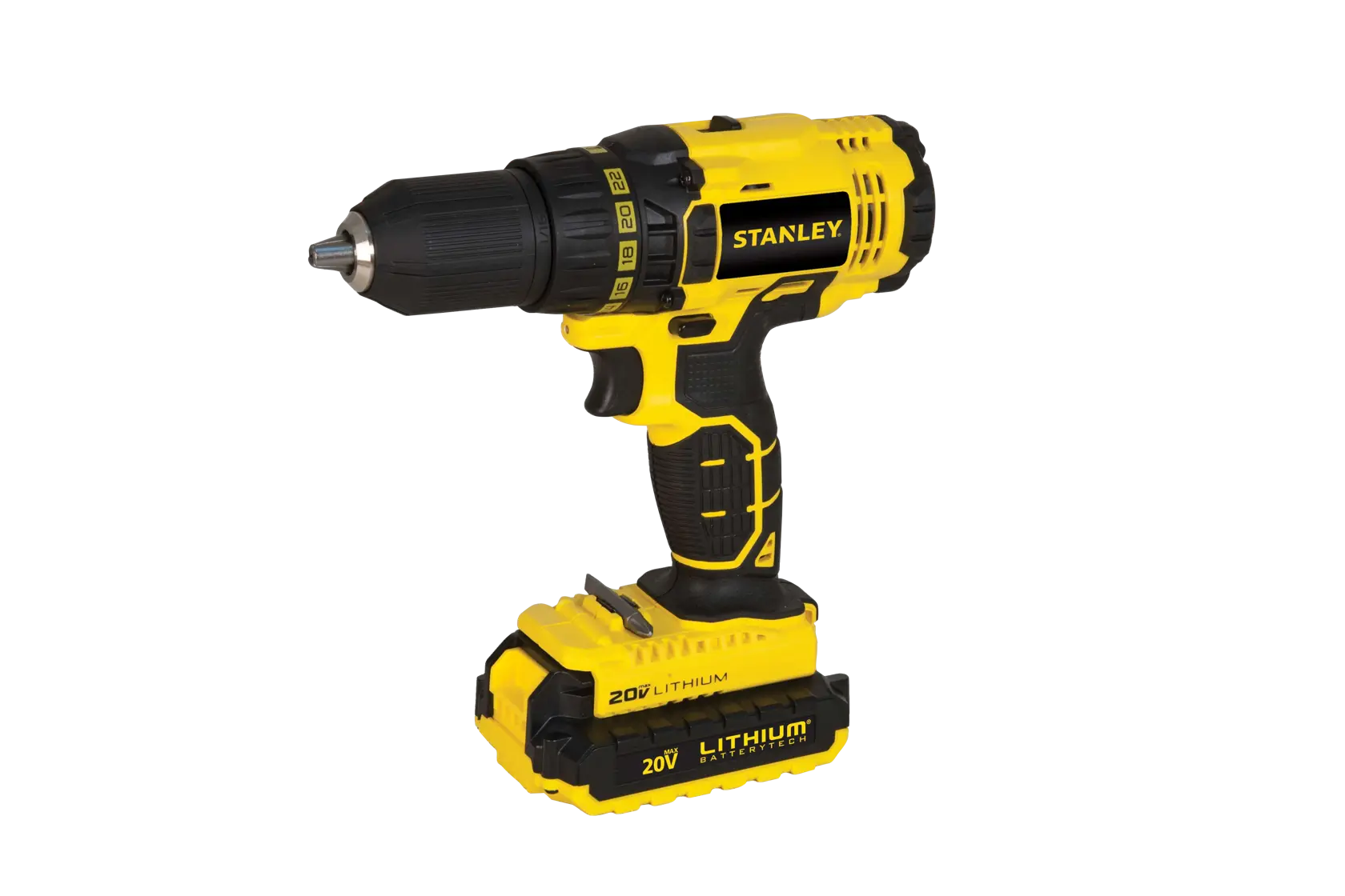 STANLEY SCD20C2 taladro inalámbrico, amarillo y negro, vista lateral, batería de litio 20V, fotografía de herramienta