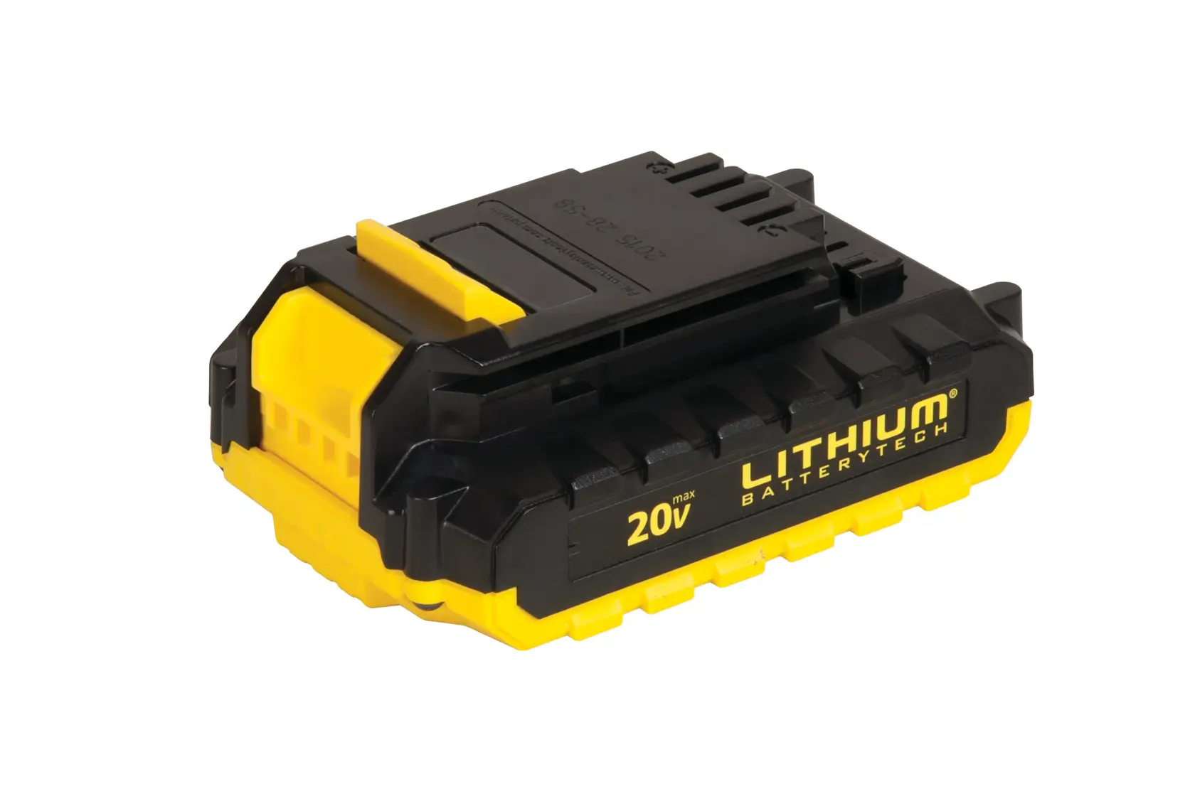 STANLEY SCD20C2 batería de litio 20V, forma rectangular compacta, negra y amarilla, vista lateral sobre fondo blanco.
