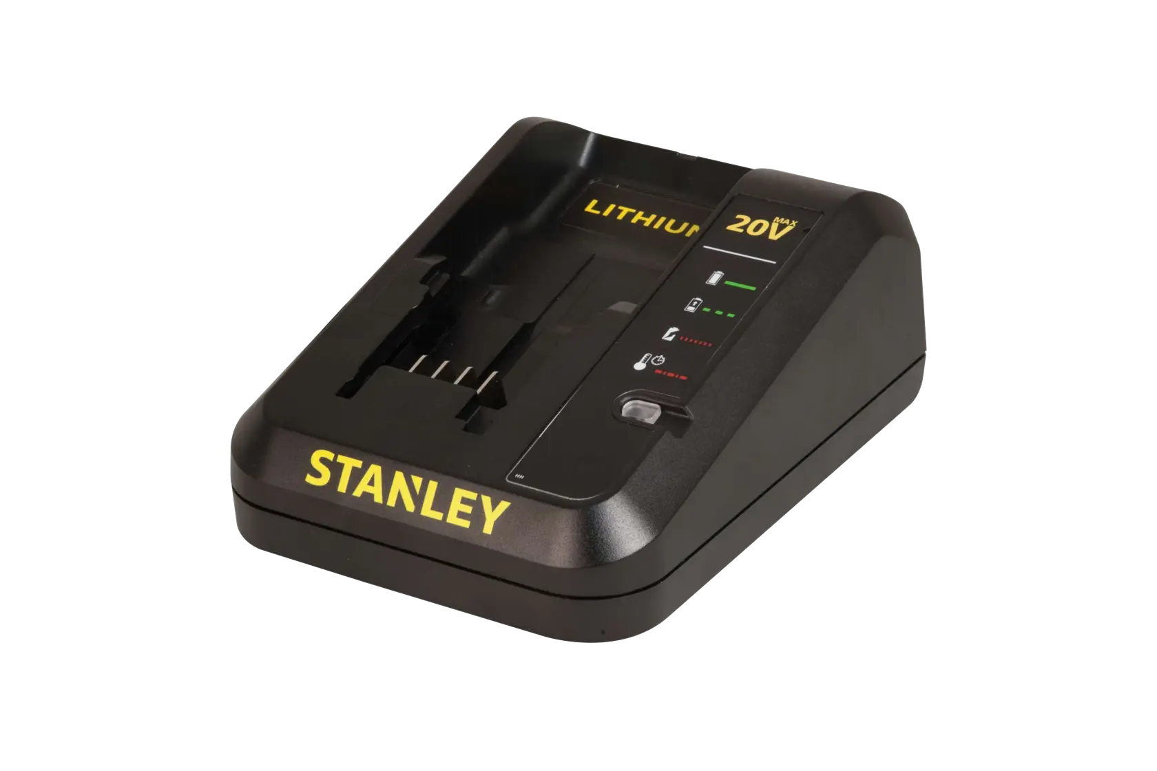 Cargador de batería STANLEY SCD20C2, negro con logotipo amarillo, 20V litio, vista frontal sobre fondo blanco.