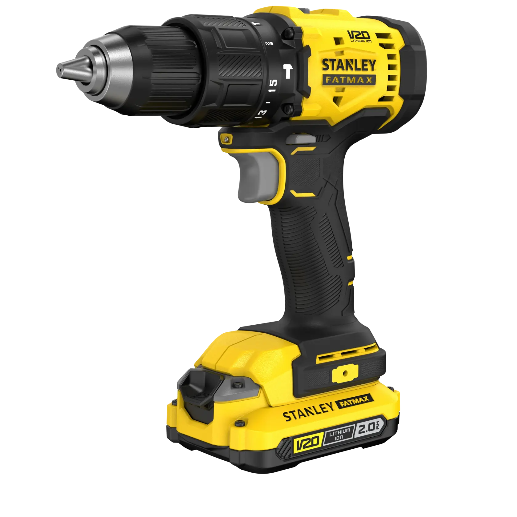 Taladro inalámbrico STANLEY SCD712D1K, amarillo y negro, V20 Litio-Ión, ángulo lateral sobre fondo blanco.